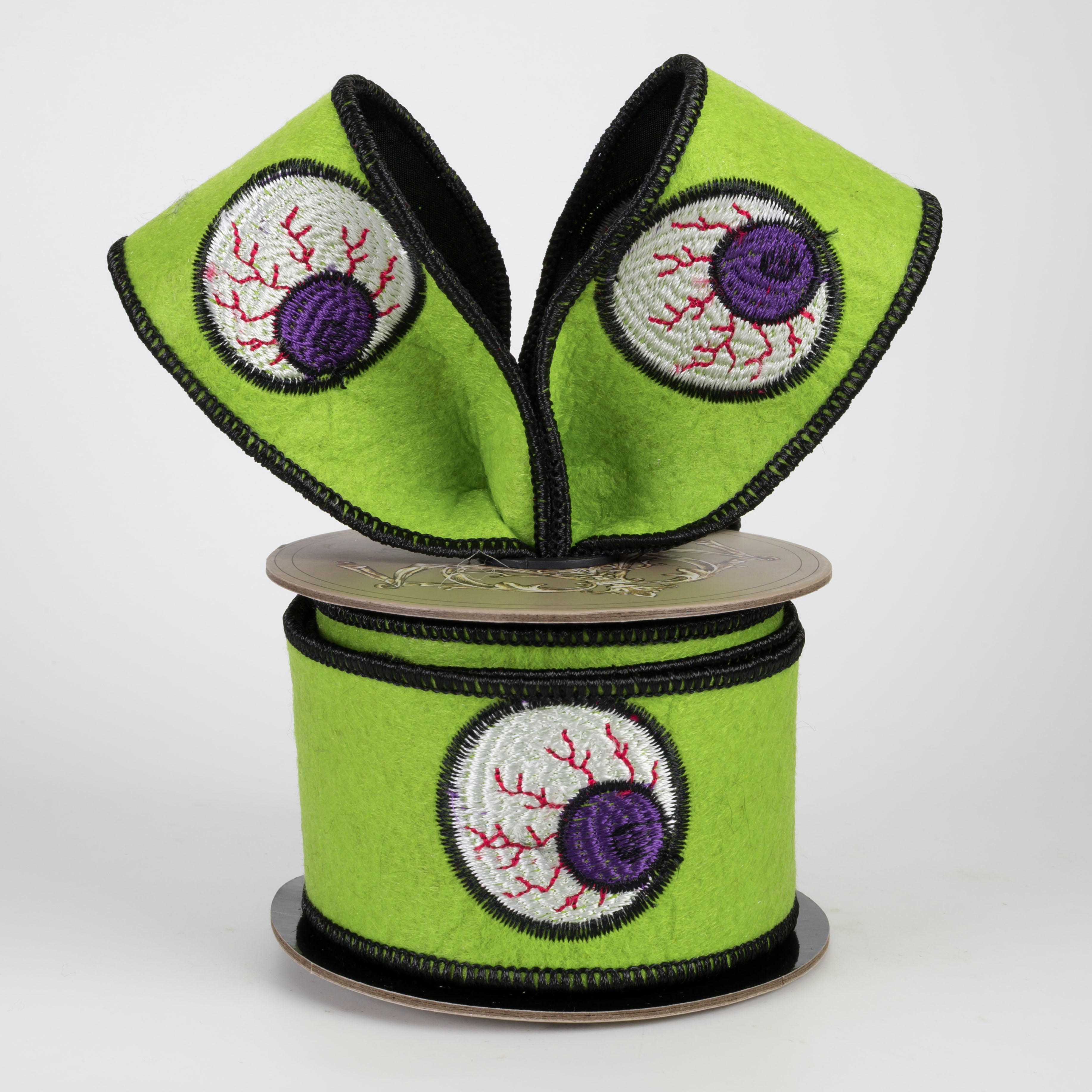 [D Stevens] 2" Felt Halloween Embroidered Eyeball Ribbon: Lime Green (5 Yards)