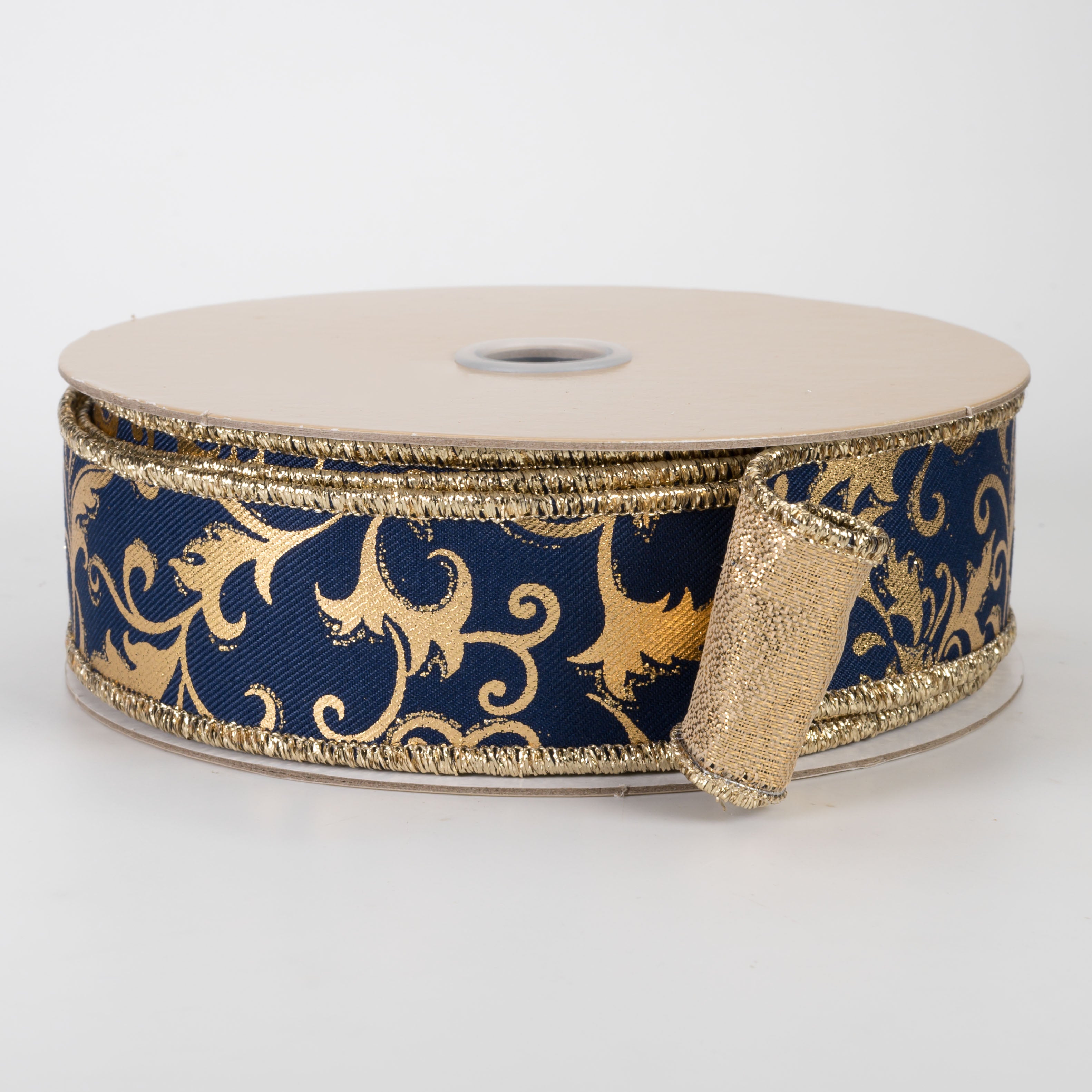 1.5" Double Sided Fused Metallic Swirl Leaf Ribbon: Navy & Gold (10 Yards)