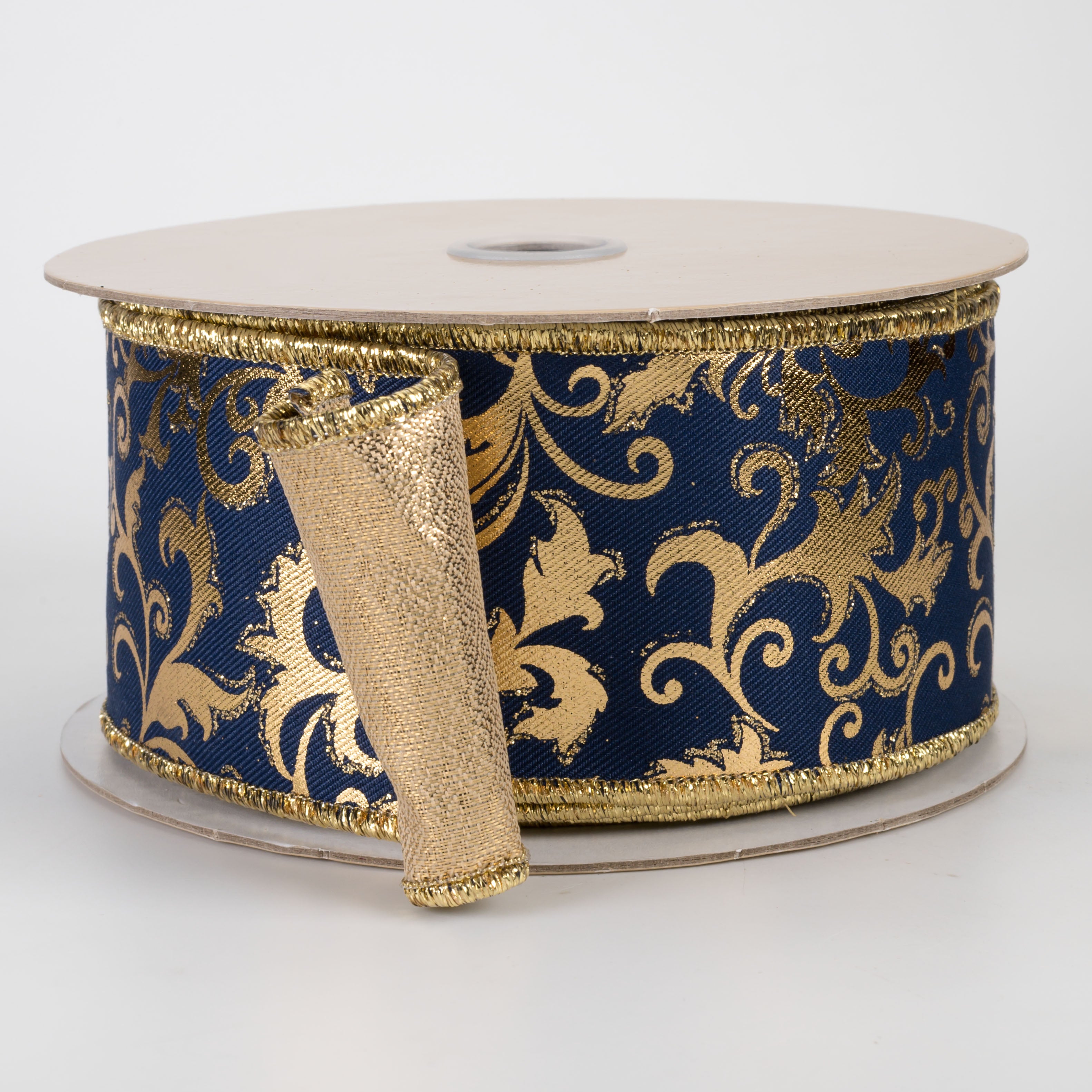 2.5" Double Sided Fused Metallic Swirl Leaf Ribbon: Navy & Gold (10 Yards)
