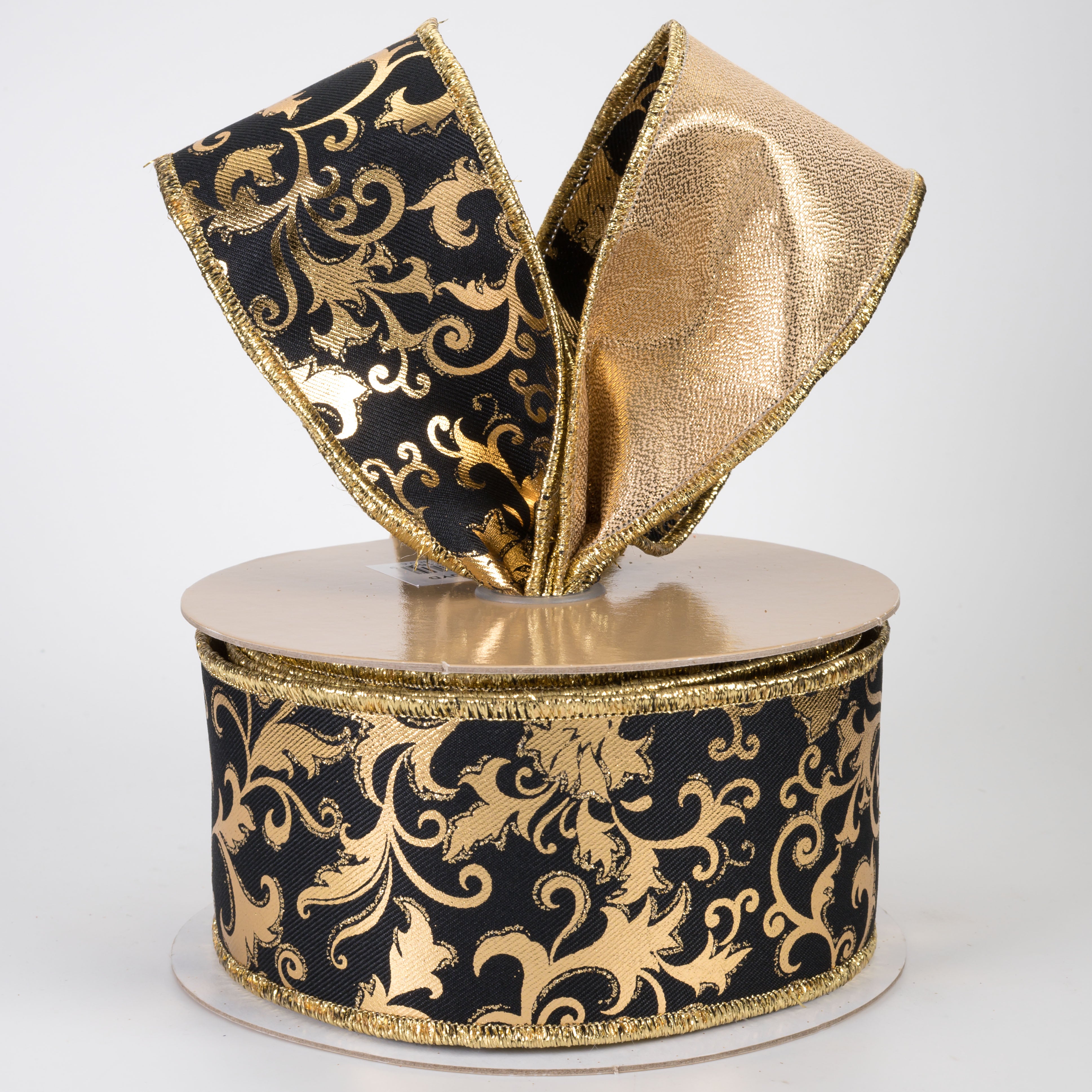 2.5" Double Sided Fused Metallic Swirl Leaf Ribbon: Black & Gold (10 Yards)