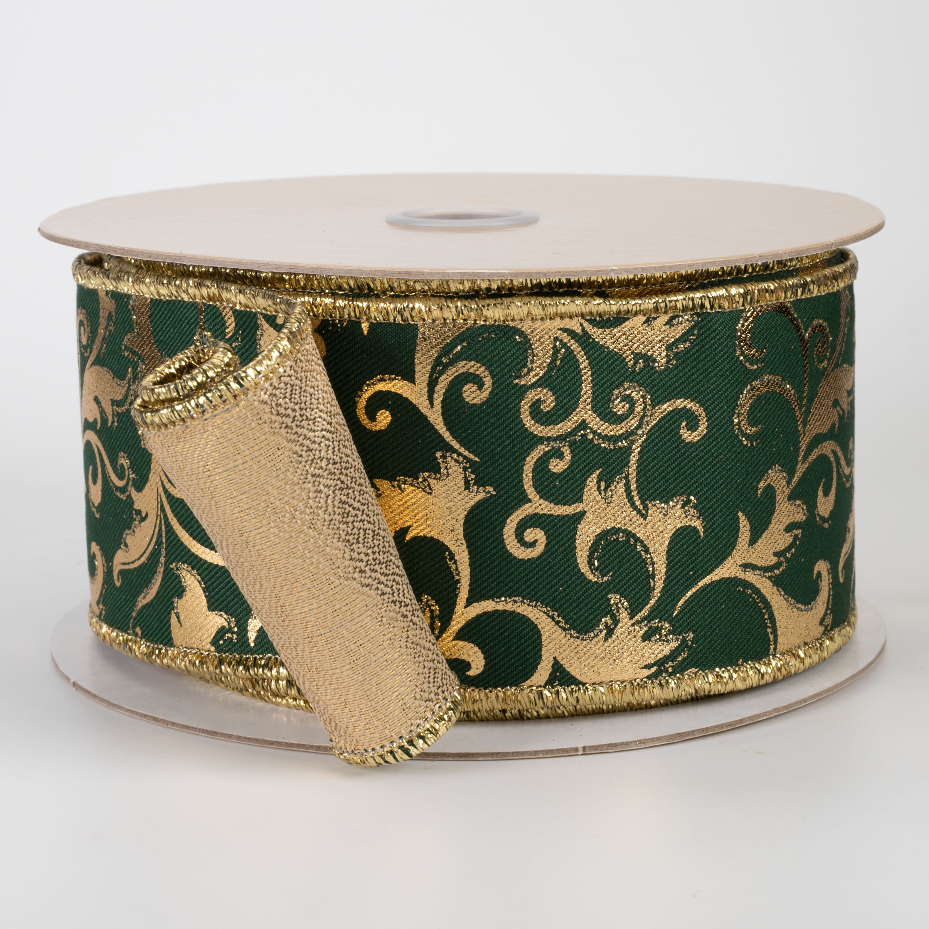 2.5" Double Sided Fused Metallic Swirl Leaf Ribbon: Hunter & Gold (10 Yards)