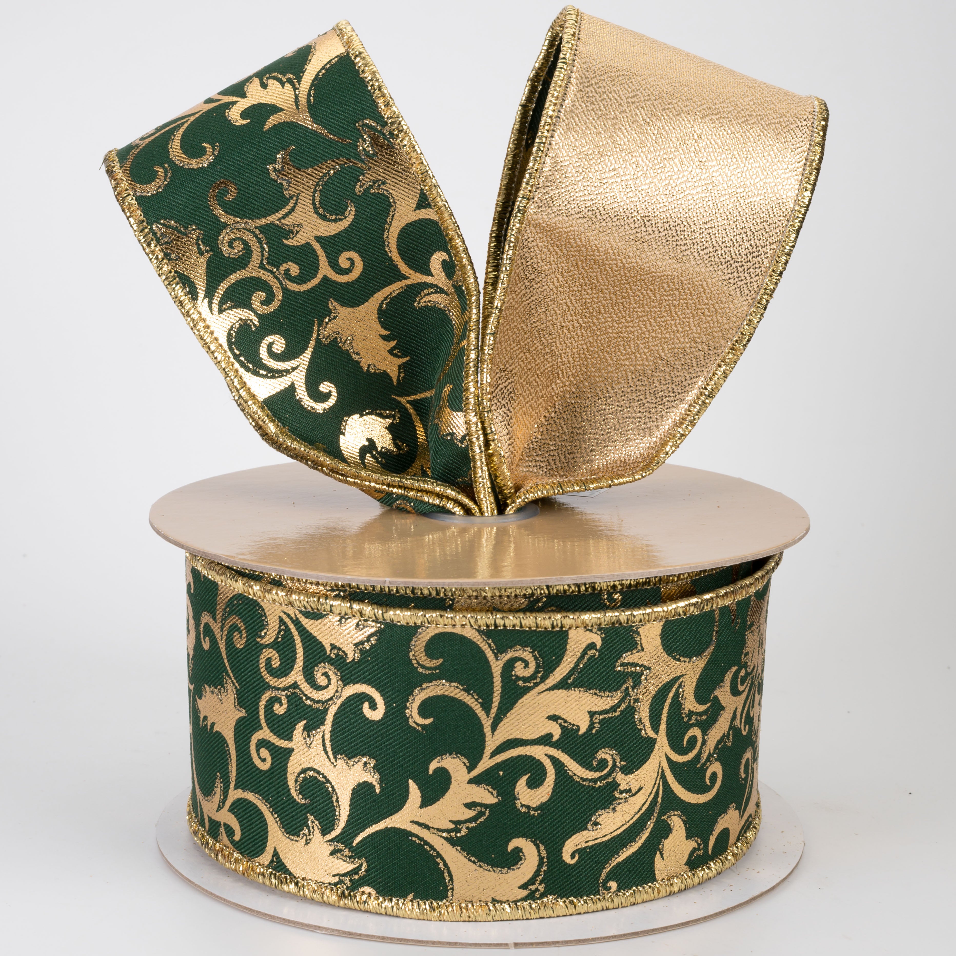 2.5" Double Sided Fused Metallic Swirl Leaf Ribbon: Hunter & Gold (10 Yards)