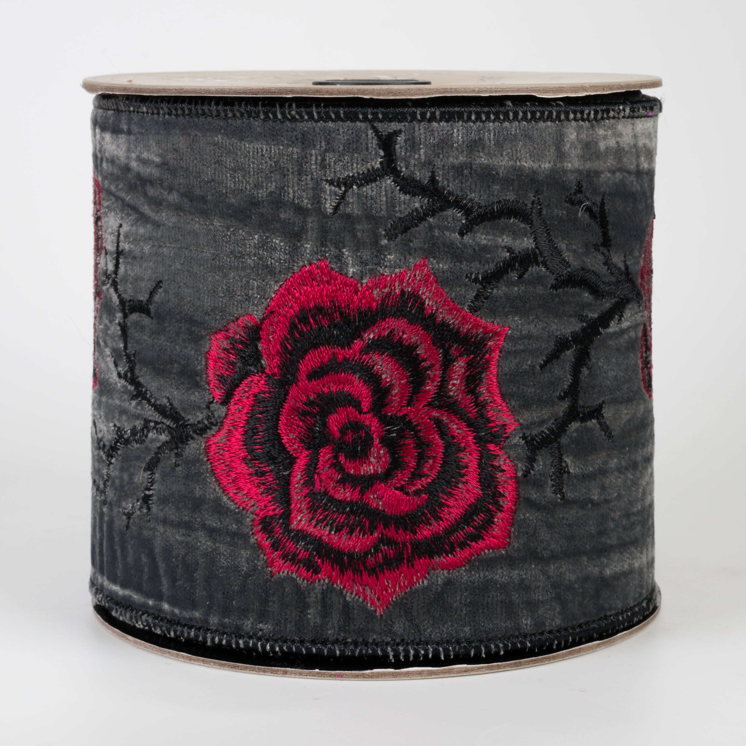 [D Stevens] 4" Velvet Embroidered Red Roses Ribbon: Charcoal Black (5 Yards)