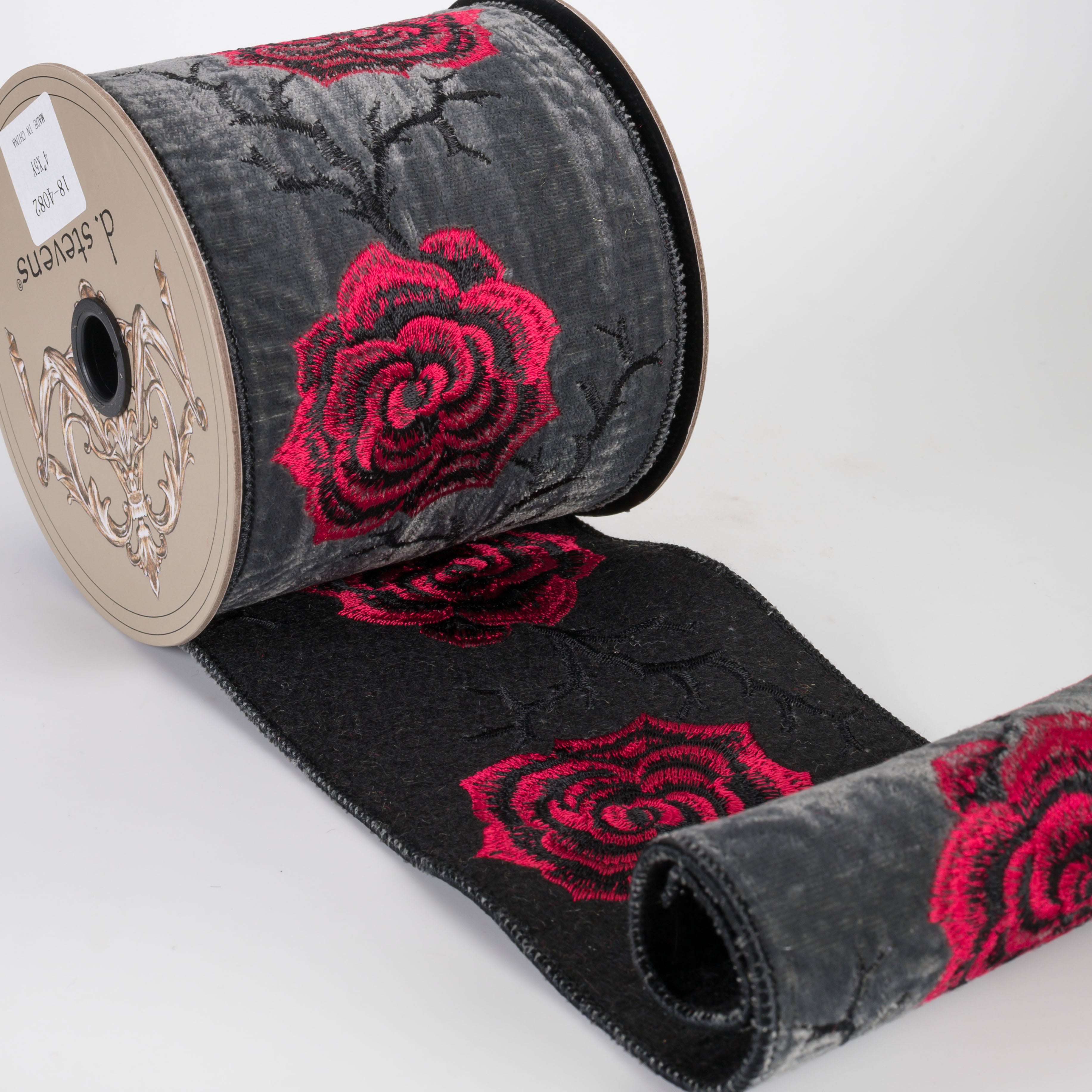 [D Stevens] 4" Velvet Embroidered Red Roses Ribbon: Charcoal Black (5 Yards)