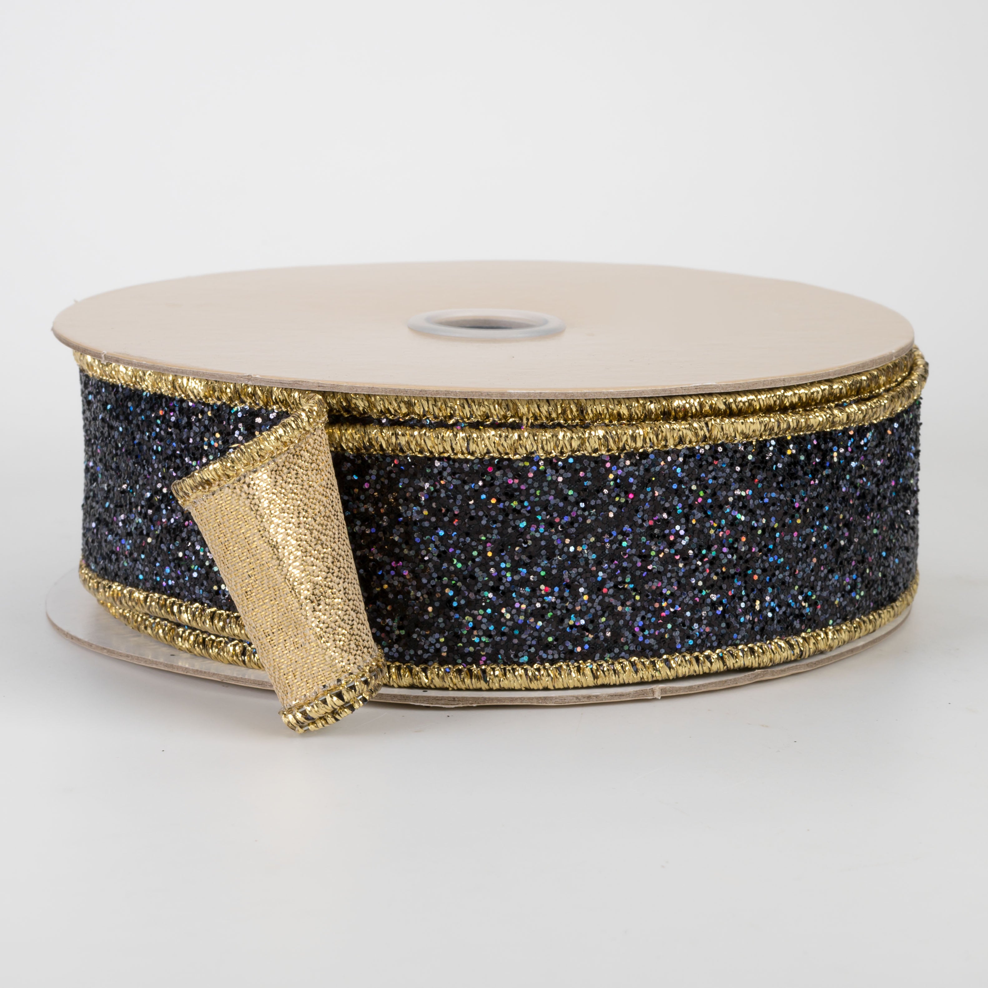 1.5" Double Sided Fused Laser Glitter Ribbon: Black & Gold (10 Yards)