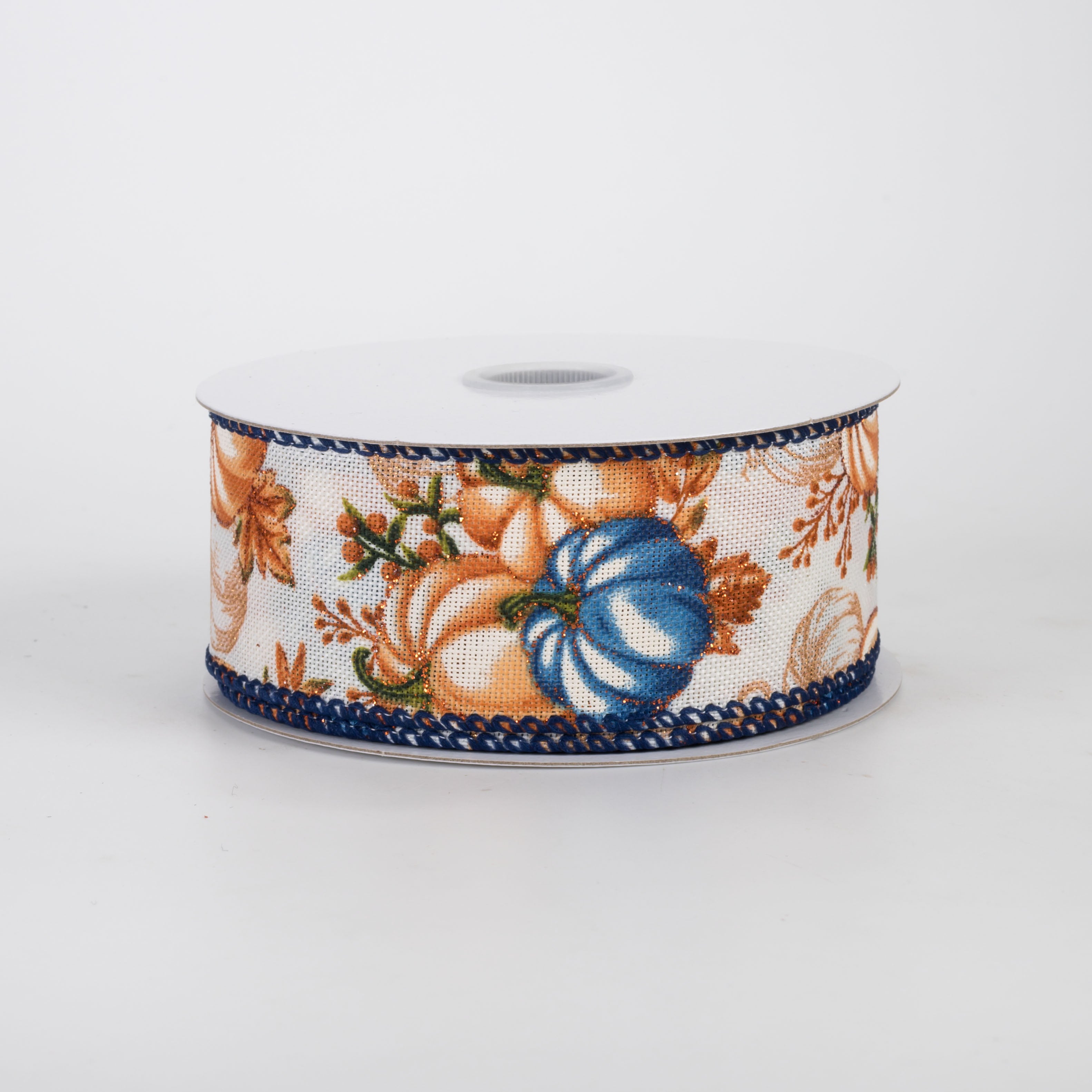 1.5" Rust, Blue & Gold Pumpkins Ribbon: Cream Linen (10 Yards)