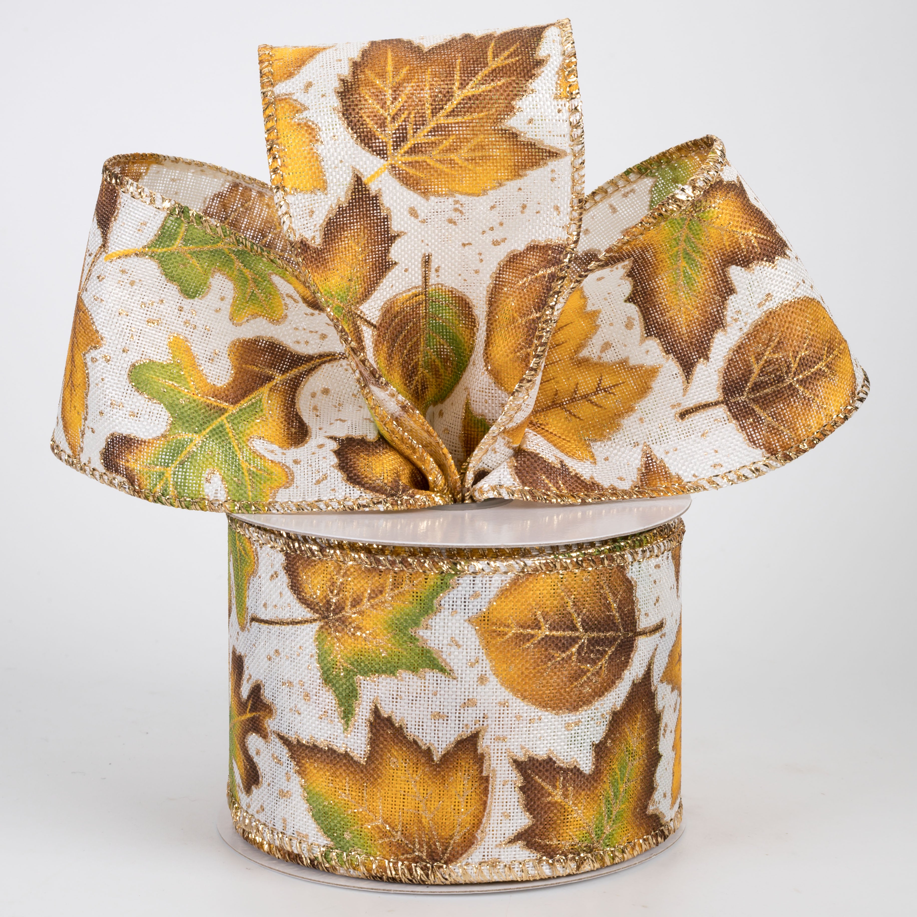 2.5" Linen Big Falling Leaves Ribbon: Ivory (10 Yards)