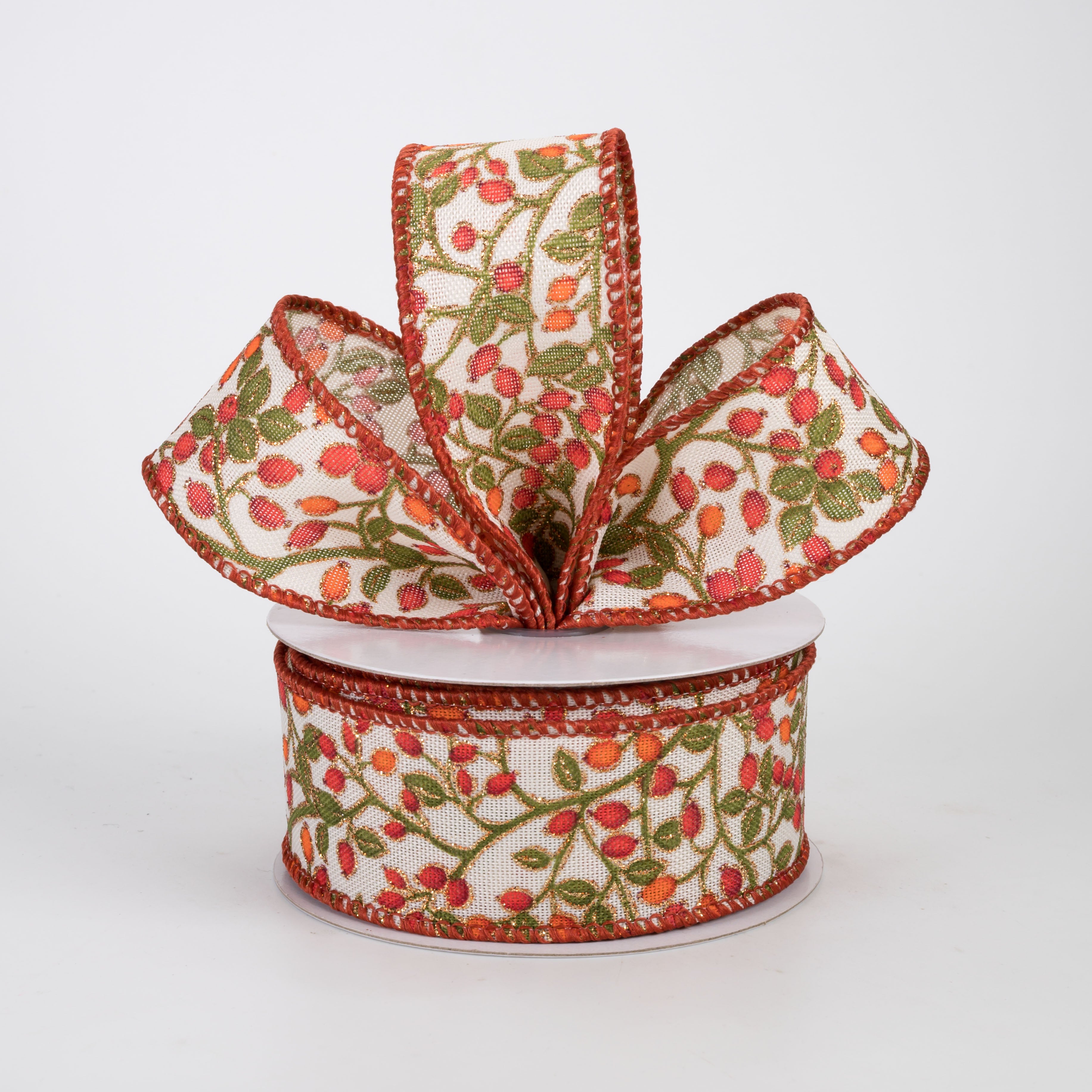 1.5" Linen Fall Berries Ribbon: Ivory (10 Yards)