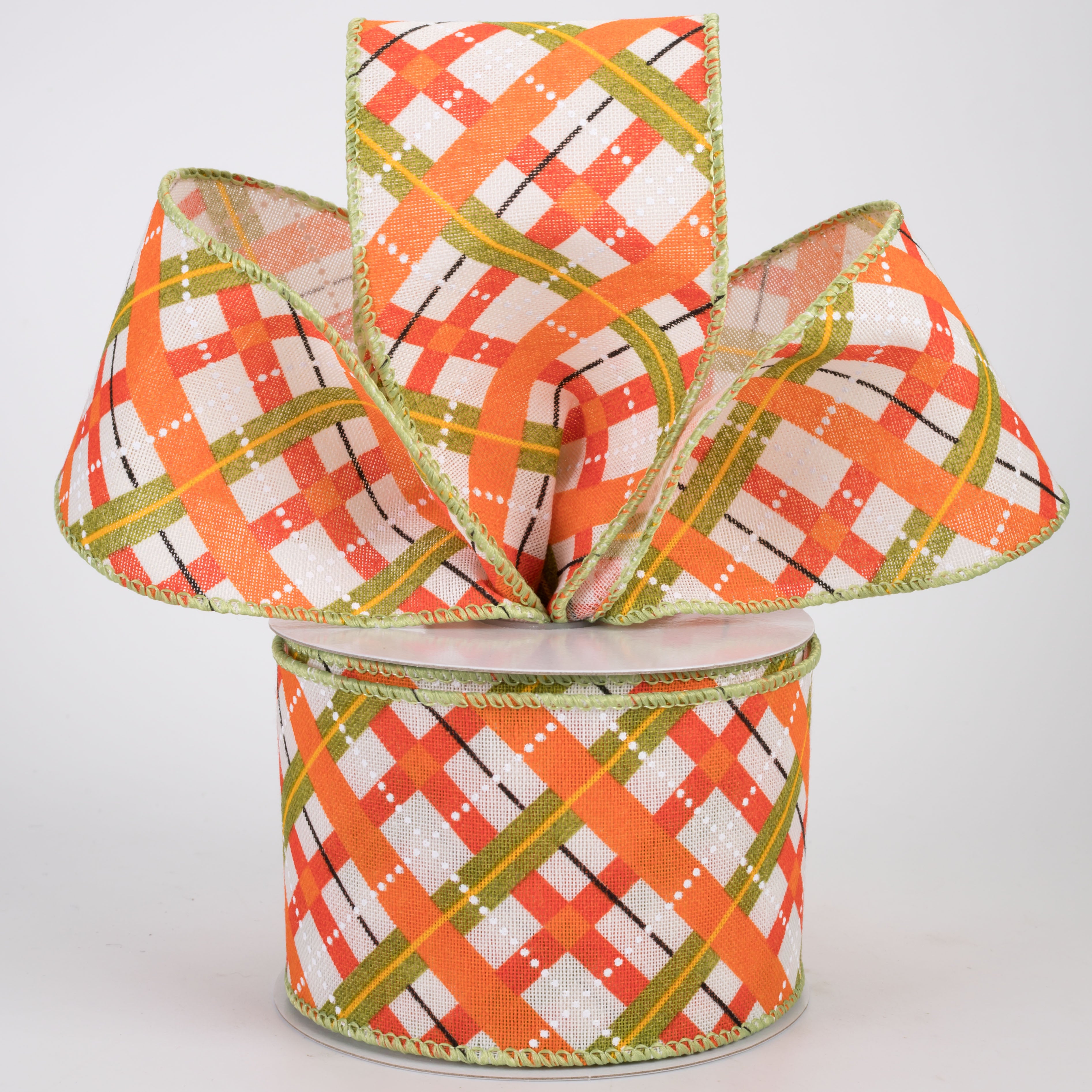 2.5" Canvas Wrigley Plaid Ribbon: Orange & Moss (10 Yards)