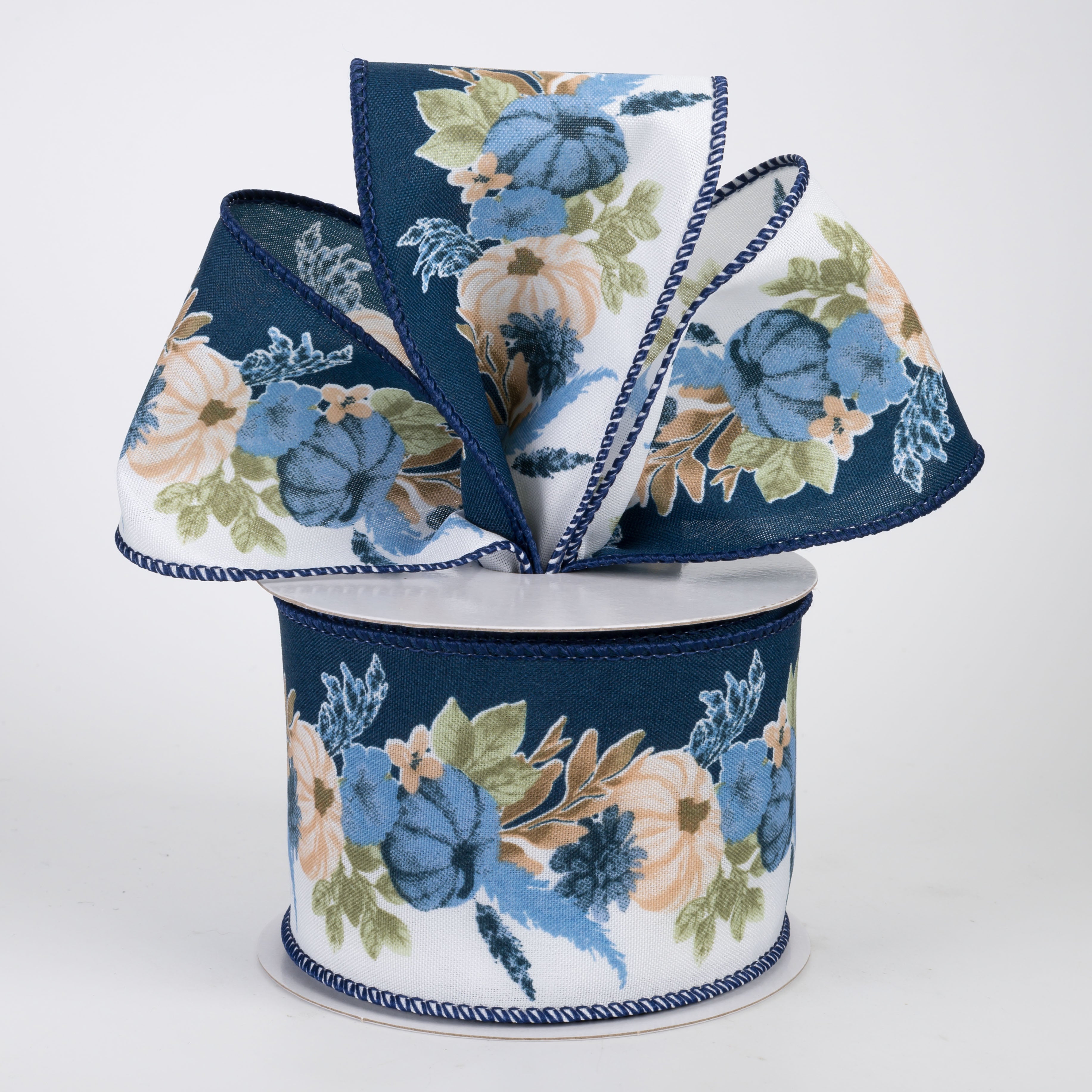 2.5" Navy Fall Pampas & Pumpkins Ribbon (10 Yards)