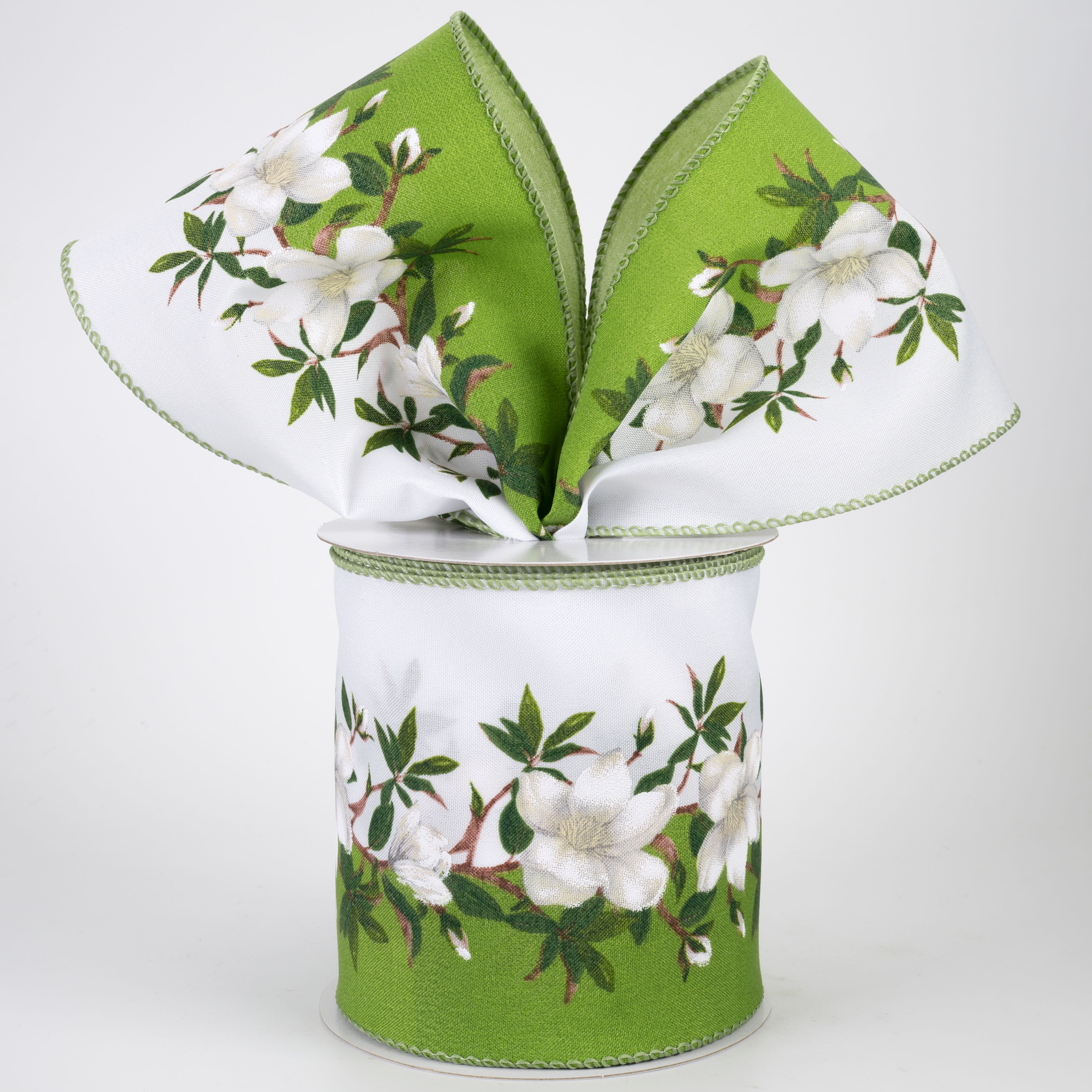 4" Dual Magnolia Flowers Ribbon: White & Kiwi Green (10 Yards)