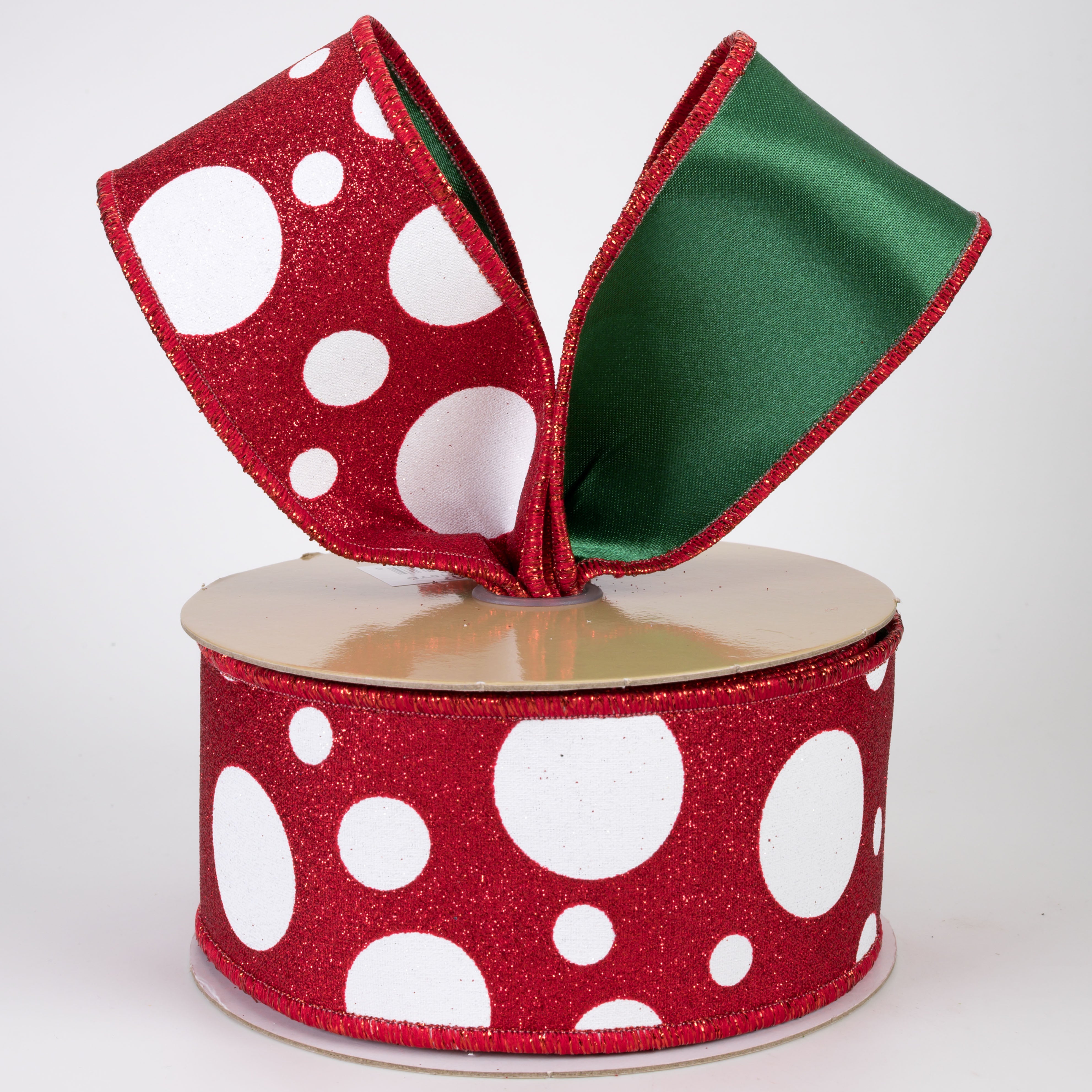 2.5" Double Sided Fused Giant Polka Dot Ribbon: Red, White, Emerald Green (10 Yards)