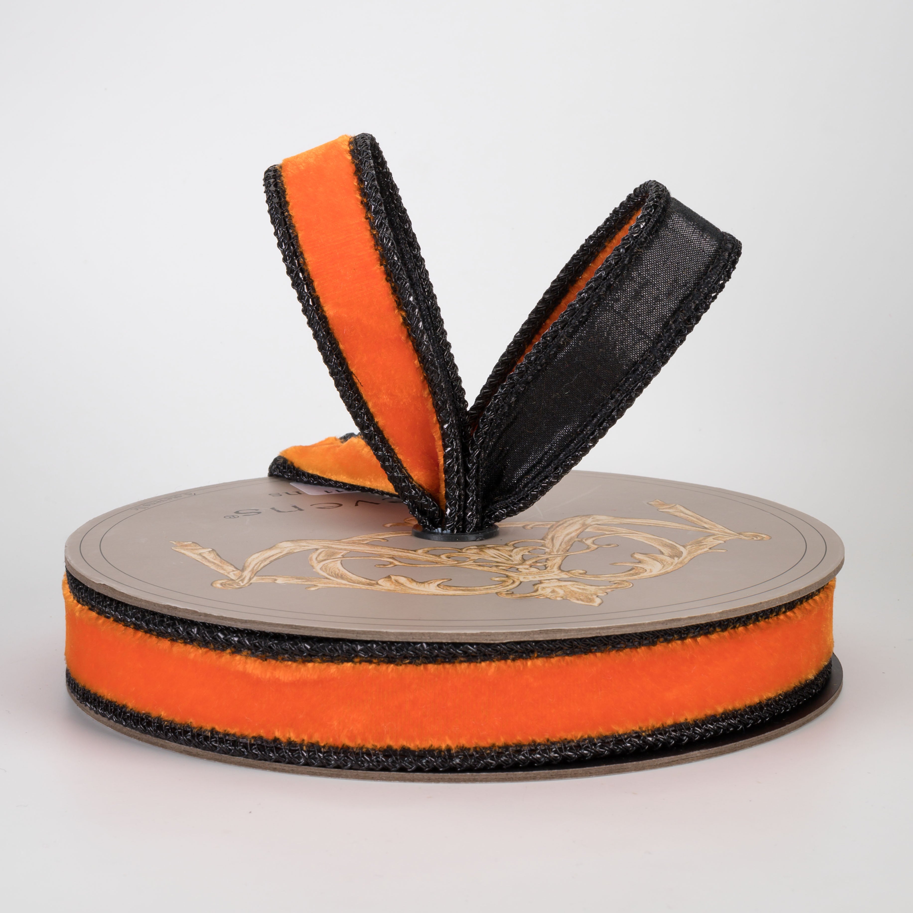 [D Stevens] 1" Velvet Black Braid Edge Ribbon: Orange (10 Yards)