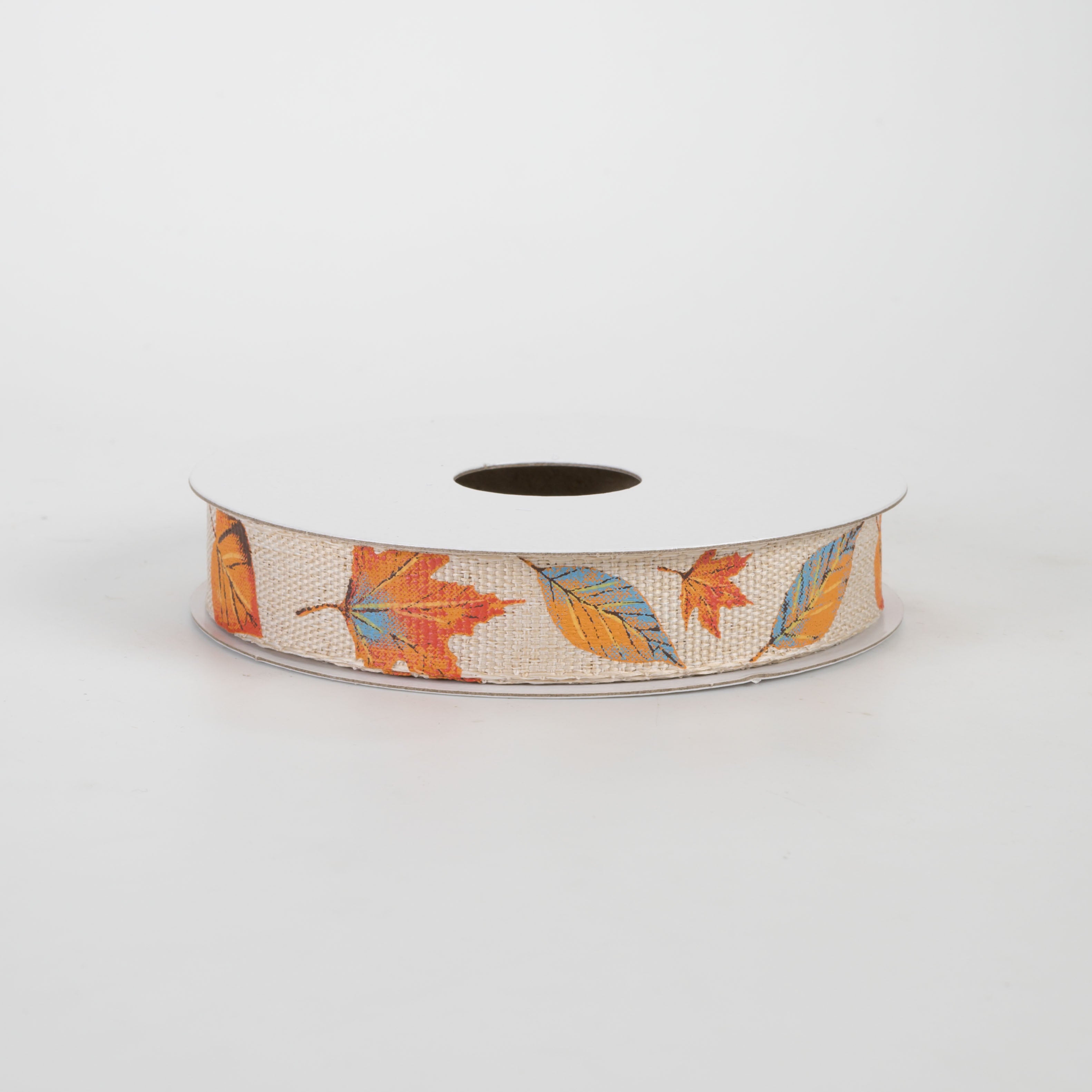 5/8" Unwired Fall Leaves Ribbon: Blue & Orange on Natural (10 Yards)