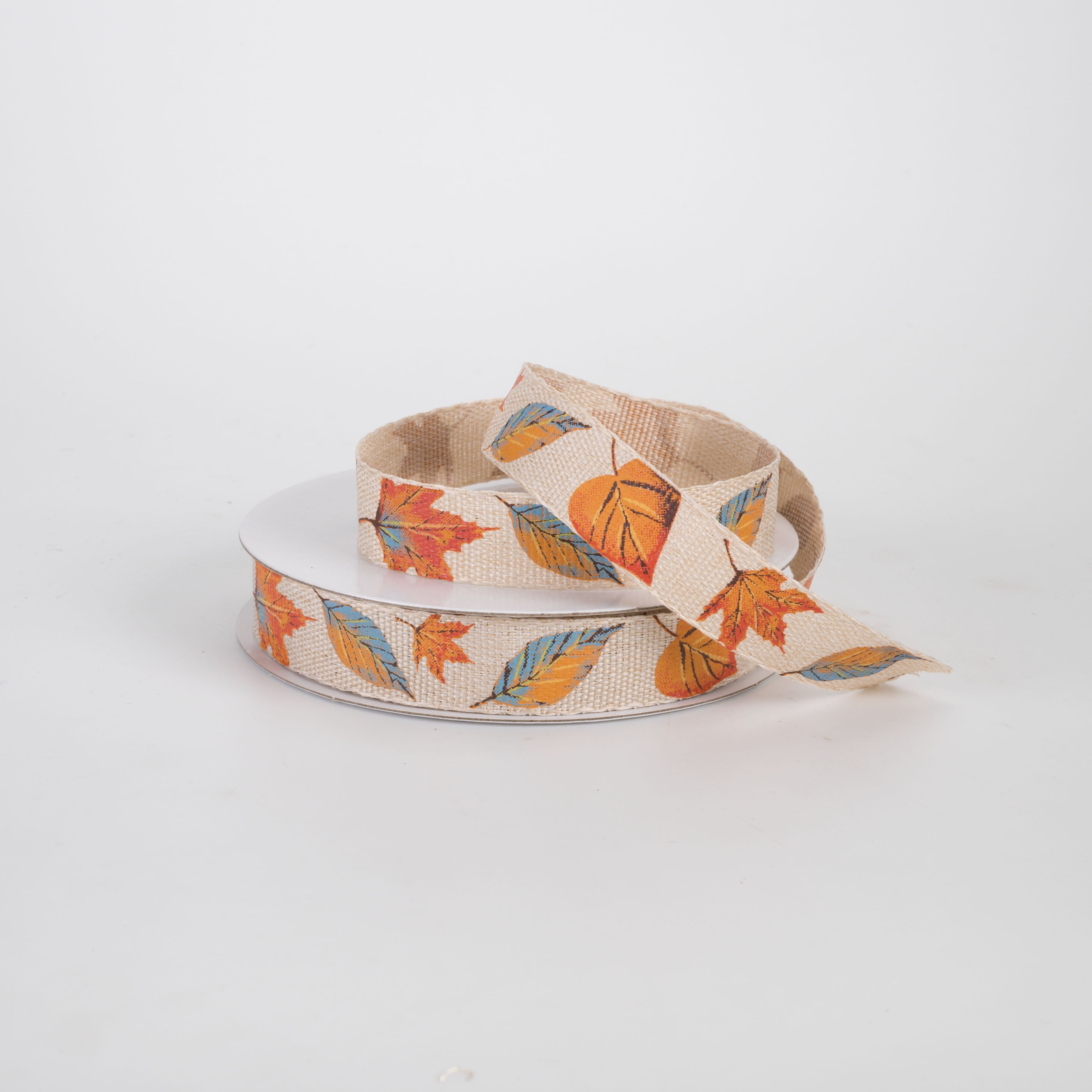 5/8" Unwired Fall Leaves Ribbon: Blue & Orange on Natural (10 Yards)