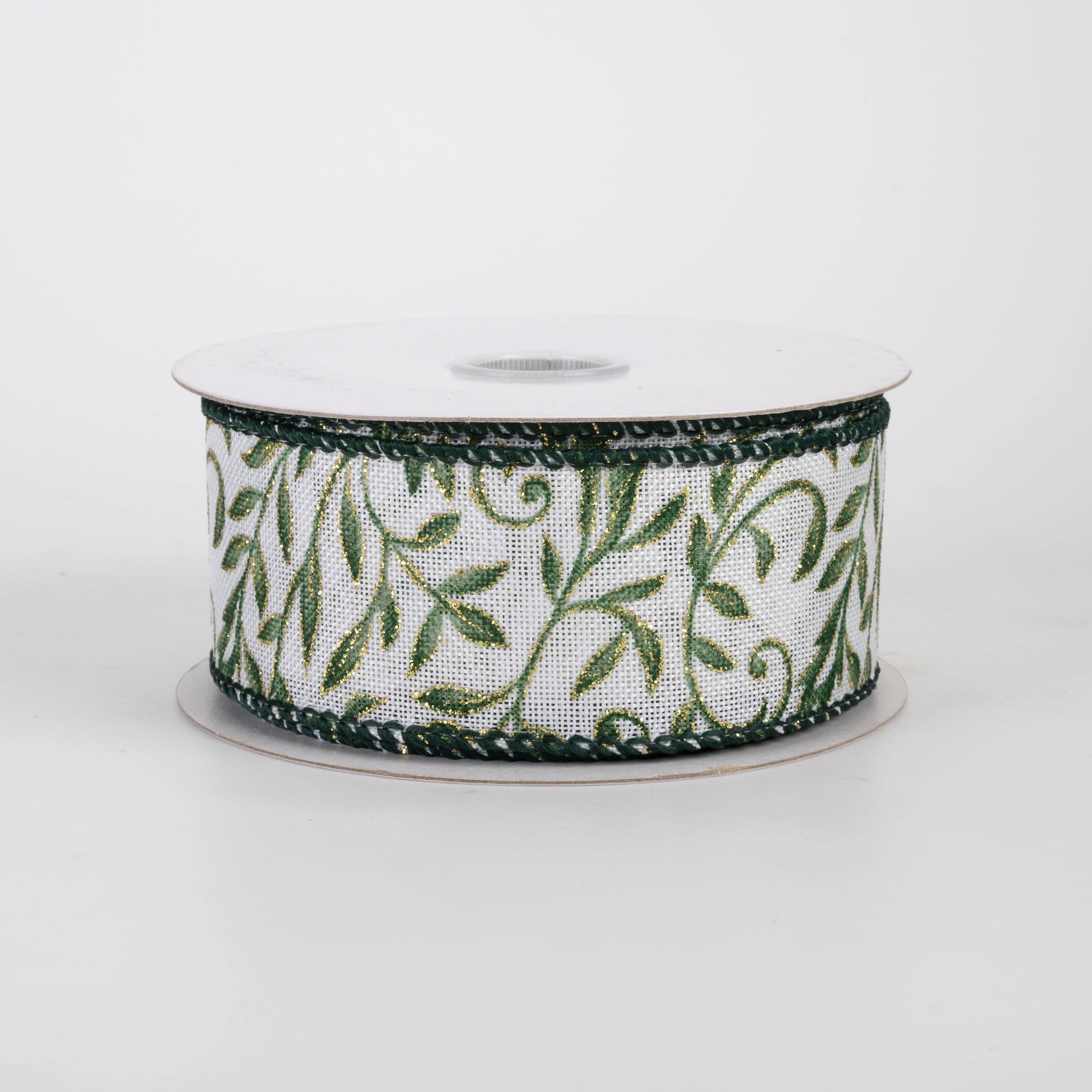 1.5" Linen Glittered Foliage Swirls Ribbon: Moss on Ivory (10 Yards)