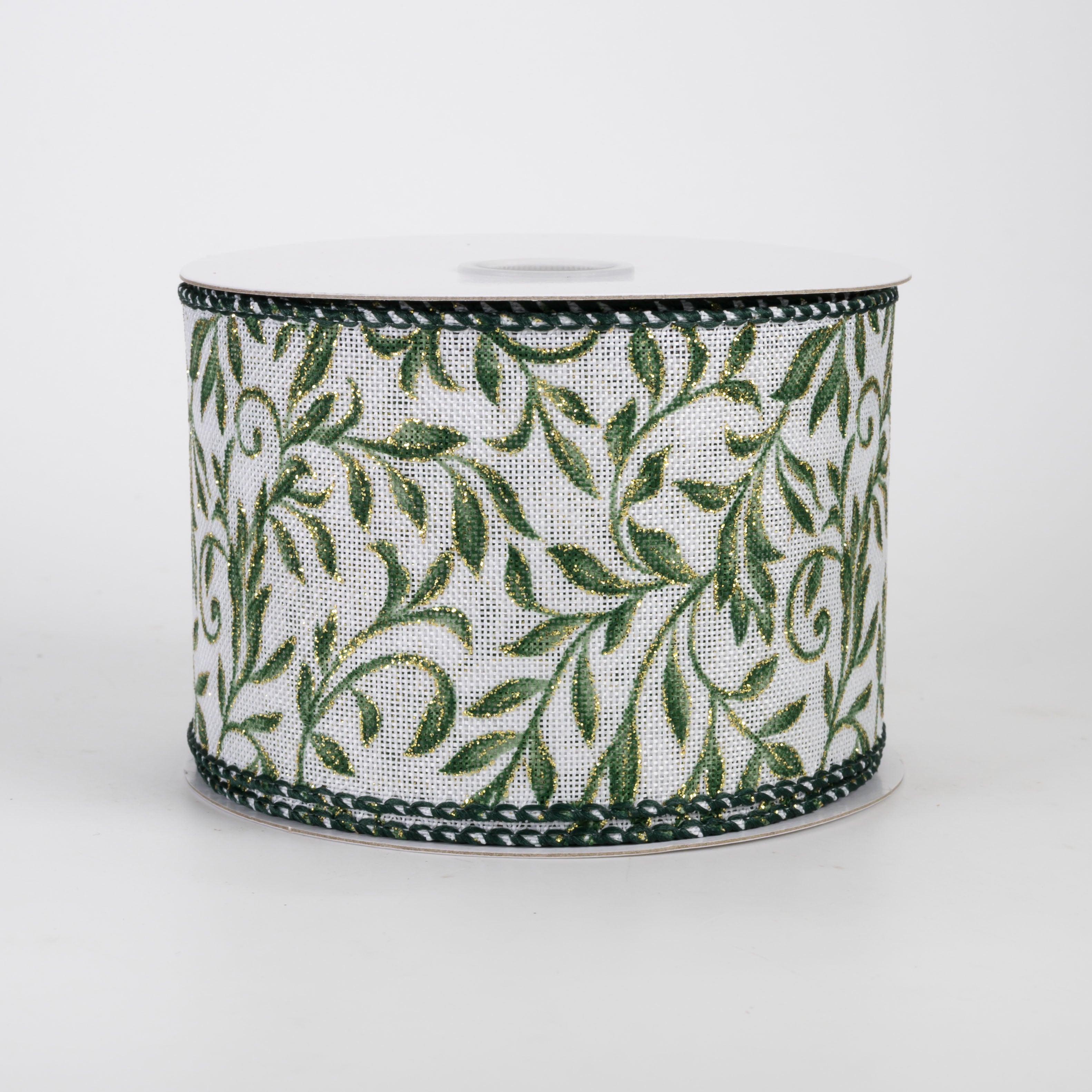 2.5" Linen Glittered Foliage Swirls Ribbon: Moss on Ivory (10 Yards)