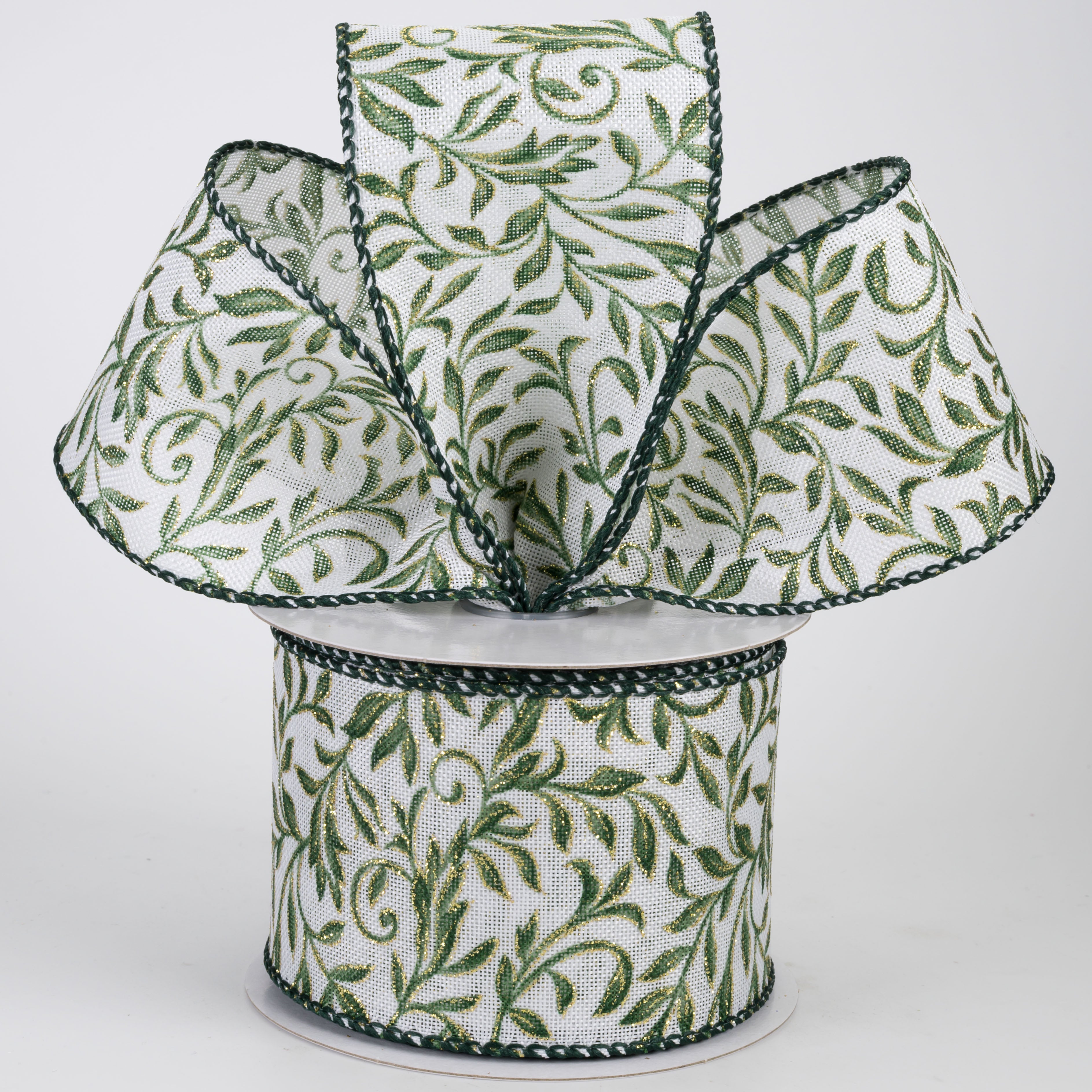 2.5" Linen Glittered Foliage Swirls Ribbon: Moss on Ivory (10 Yards)