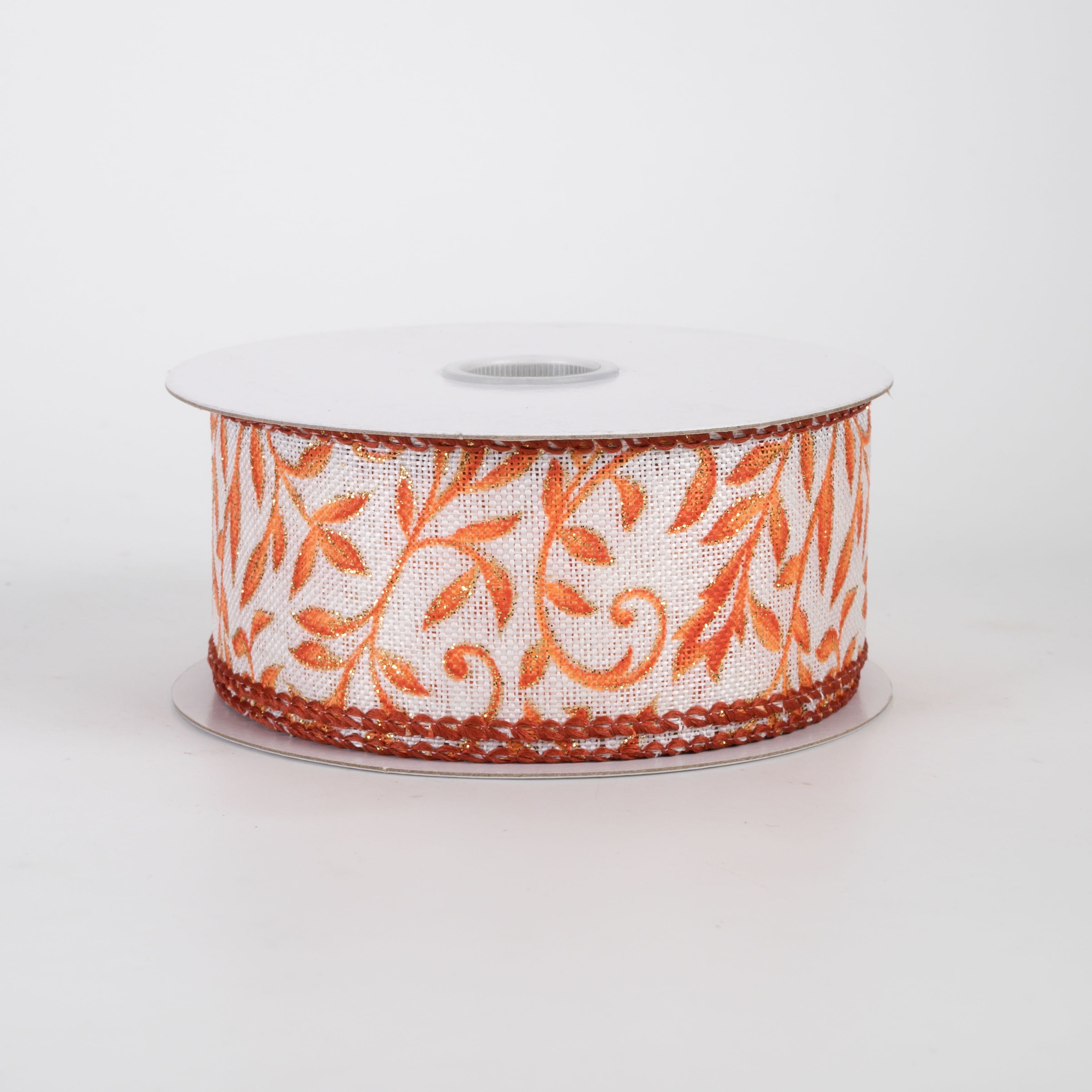 1.5" Linen Glittered Foliage Swirls Ribbon: Rust on Ivory (10 Yards)