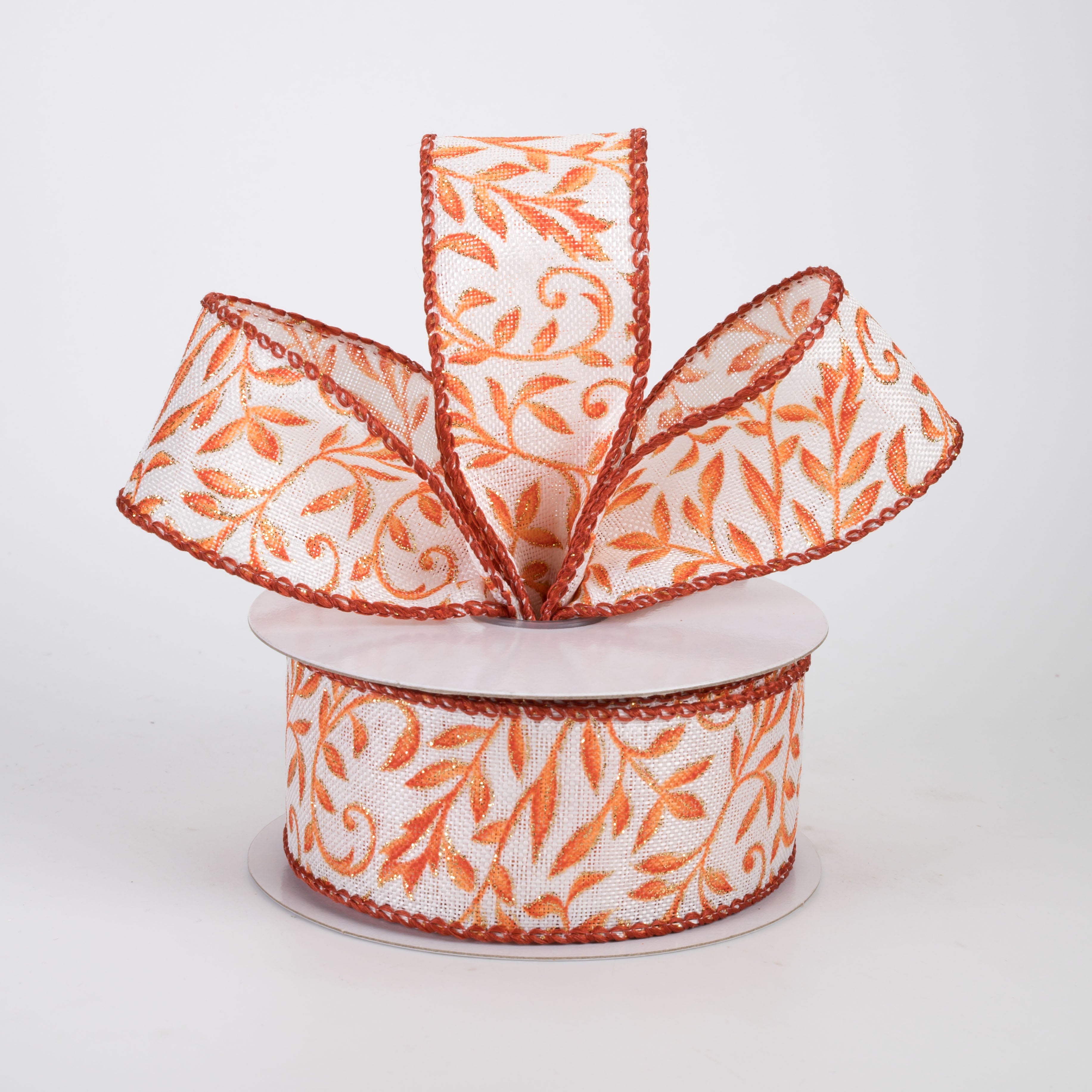 1.5" Linen Glittered Foliage Swirls Ribbon: Rust on Ivory (10 Yards)