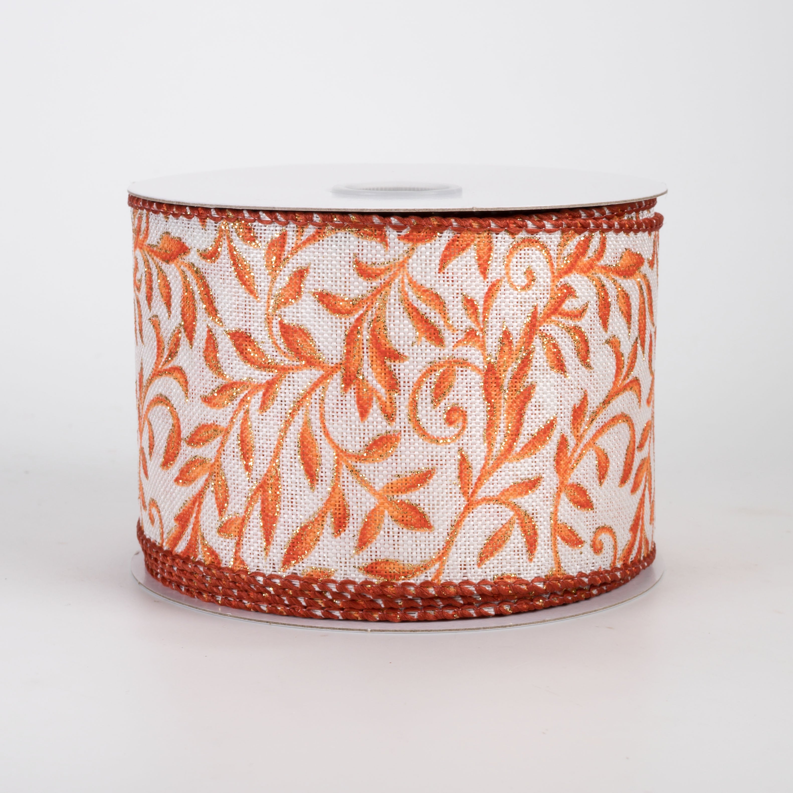 2.5" Linen Glittered Foliage Swirls Ribbon: Rust on Ivory (10 Yards)