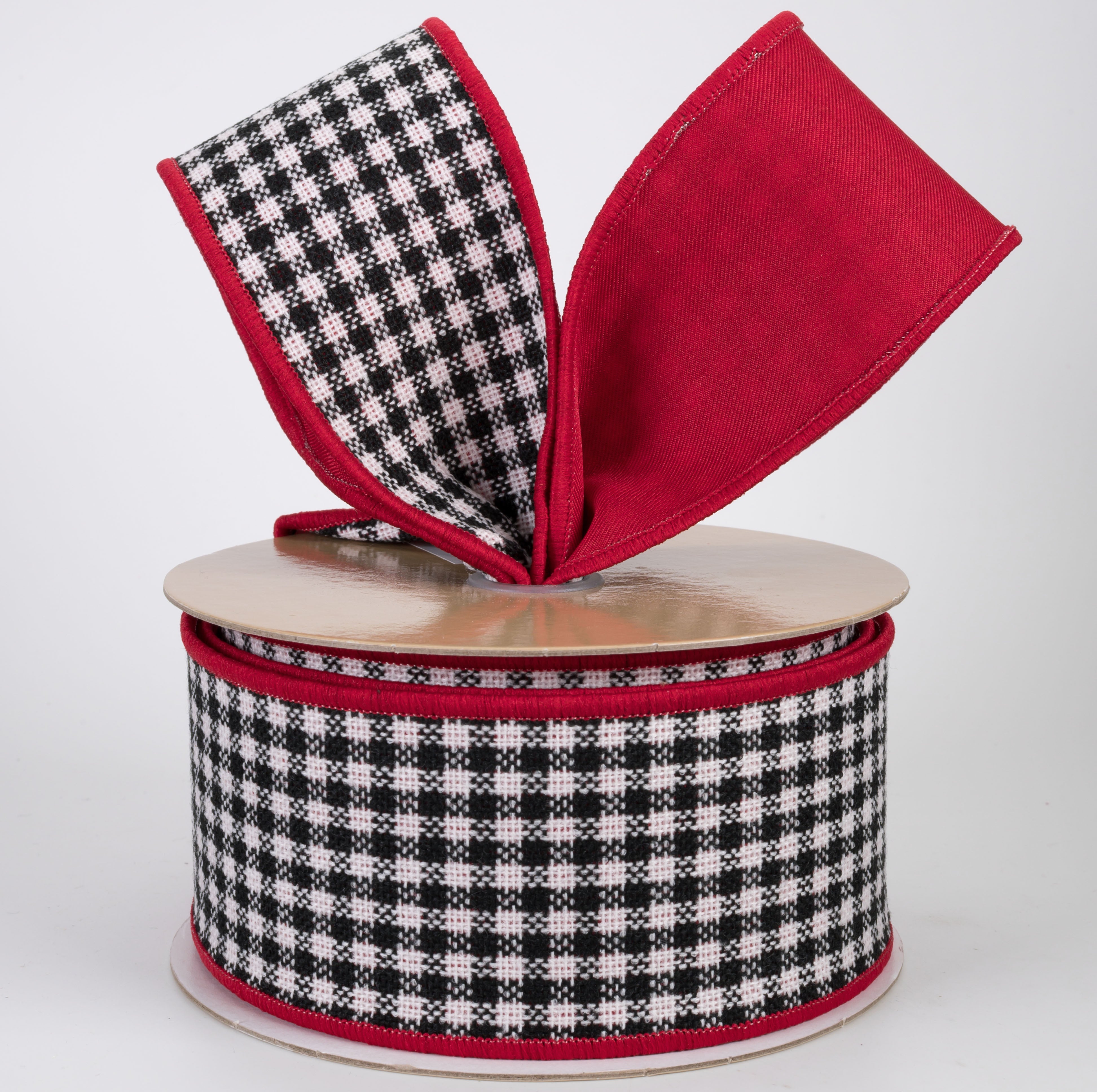 2.5" Double Sided Fused Mini Check Ribbon: Black, White & Red (10 Yards)