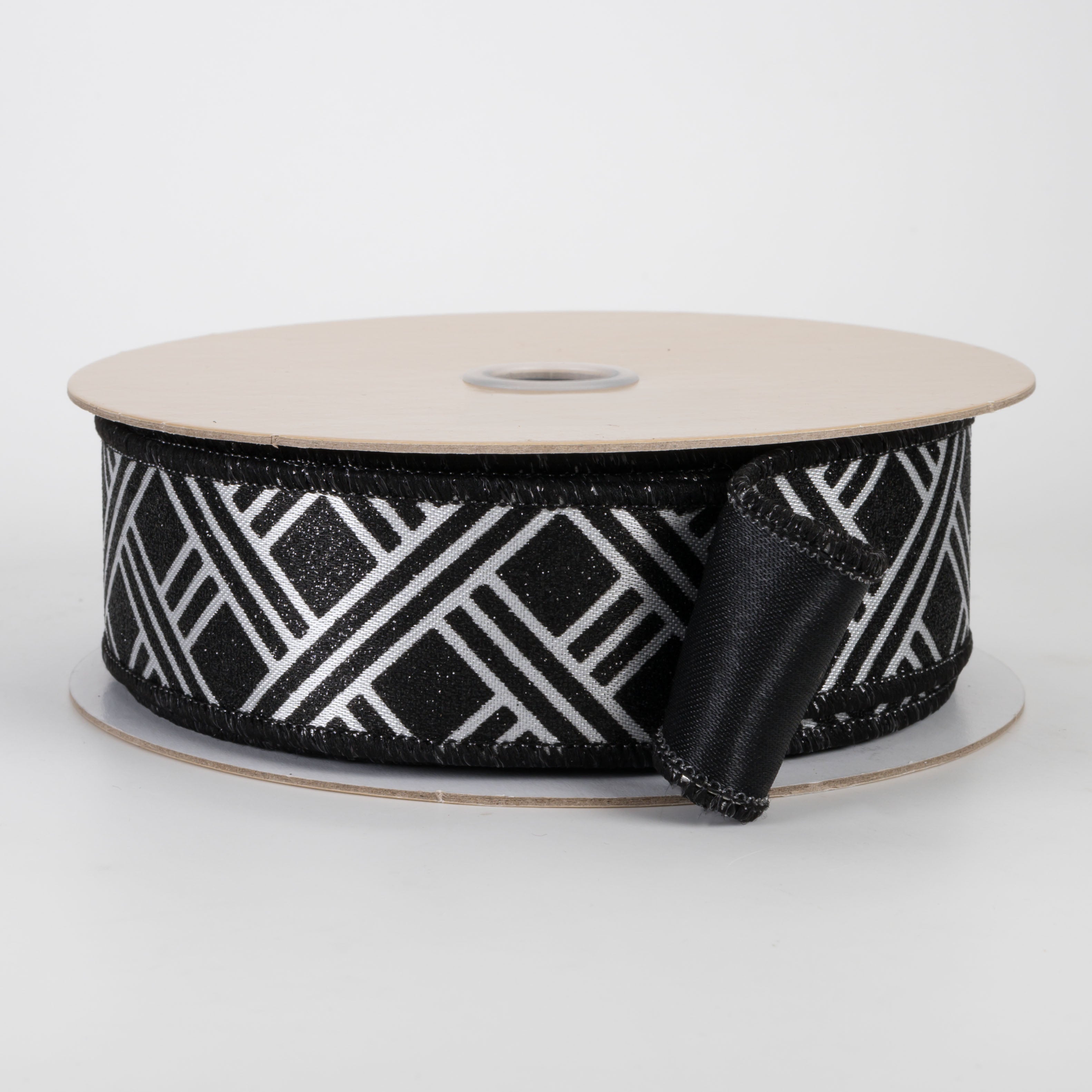 1.5" Double Sided Fused Metallic Basketweave Ribbon: Black & White (10 Yards)