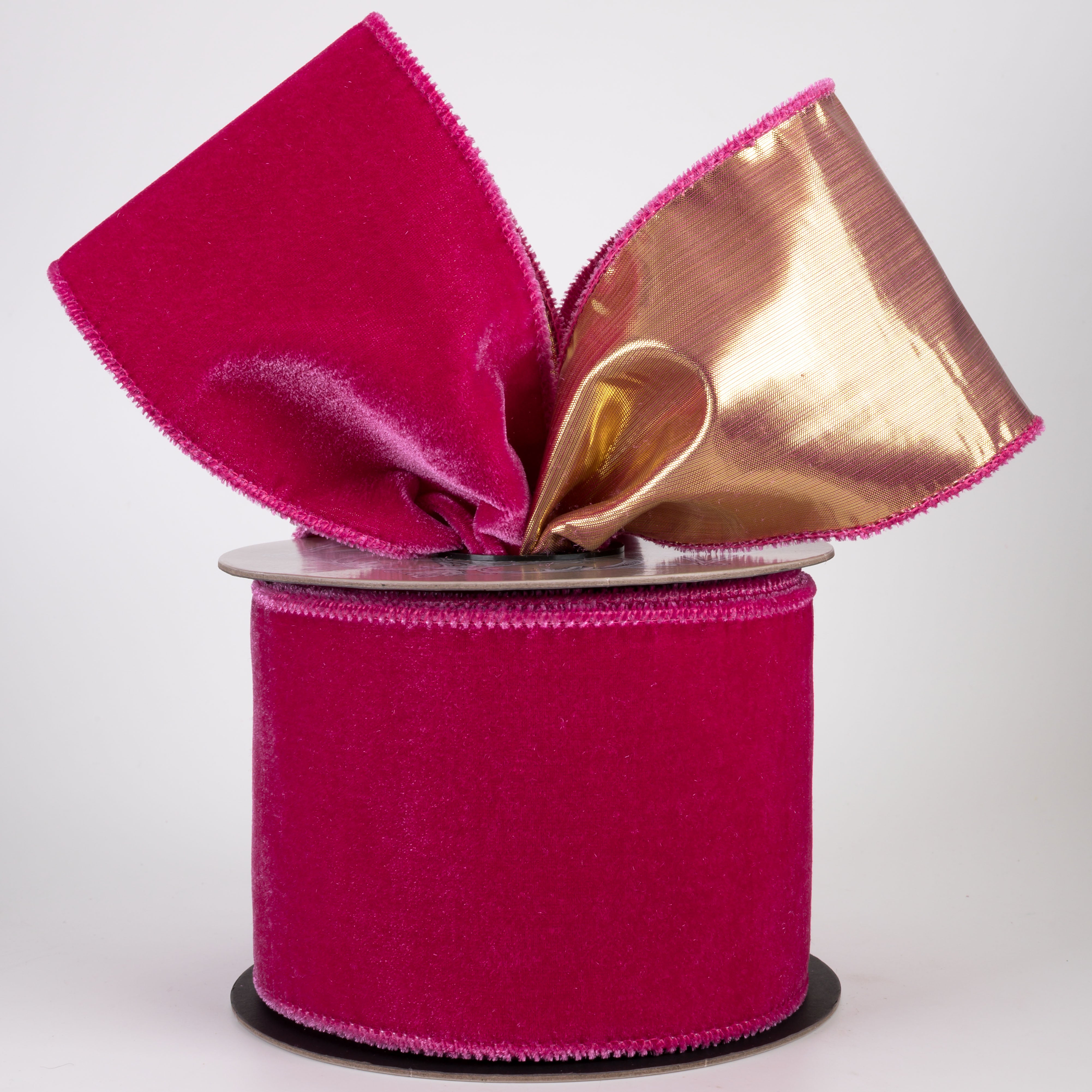 [D Stevens] 4" Velvet & Lamé Gold Back Ribbon: Fuchsia Pink (10 Yards)