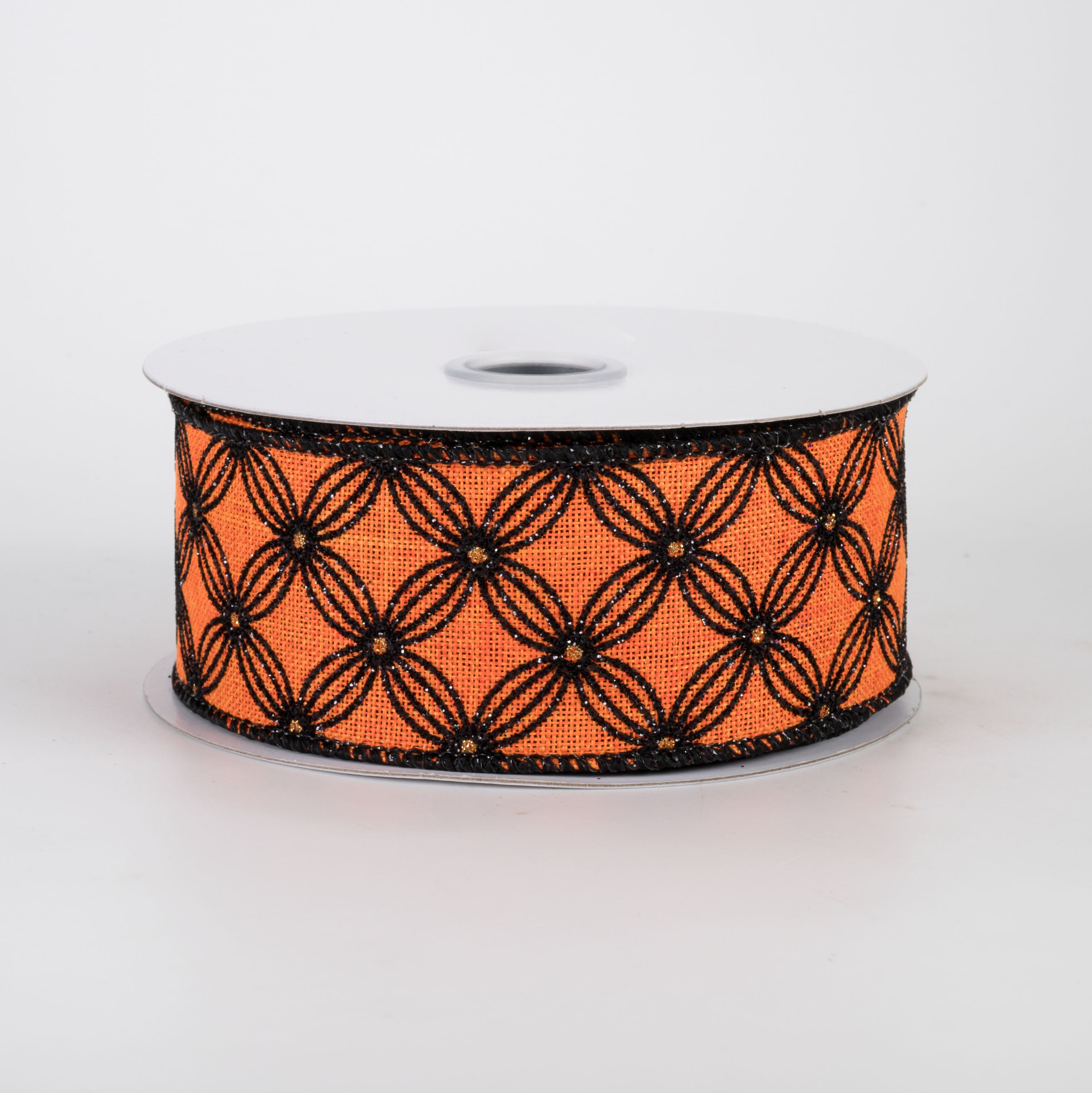 1.5" Quatrefoil Petal Lattice Ribbon: Black on Orange (10 Yards)