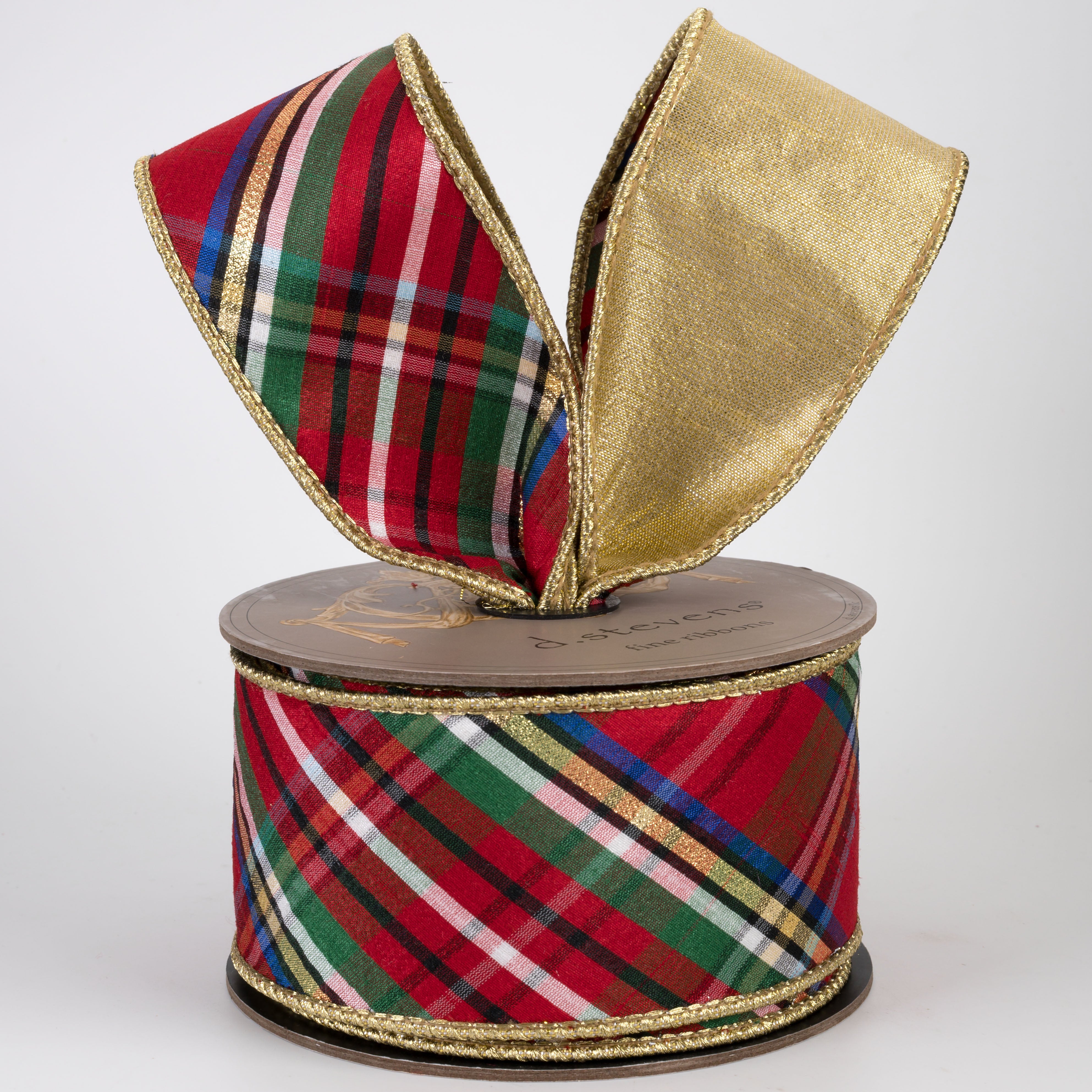[D Stevens] 2.5" Faux Dupioni Gold Back Diagonal Nutcracker Plaid Ribbon (10 Yards)