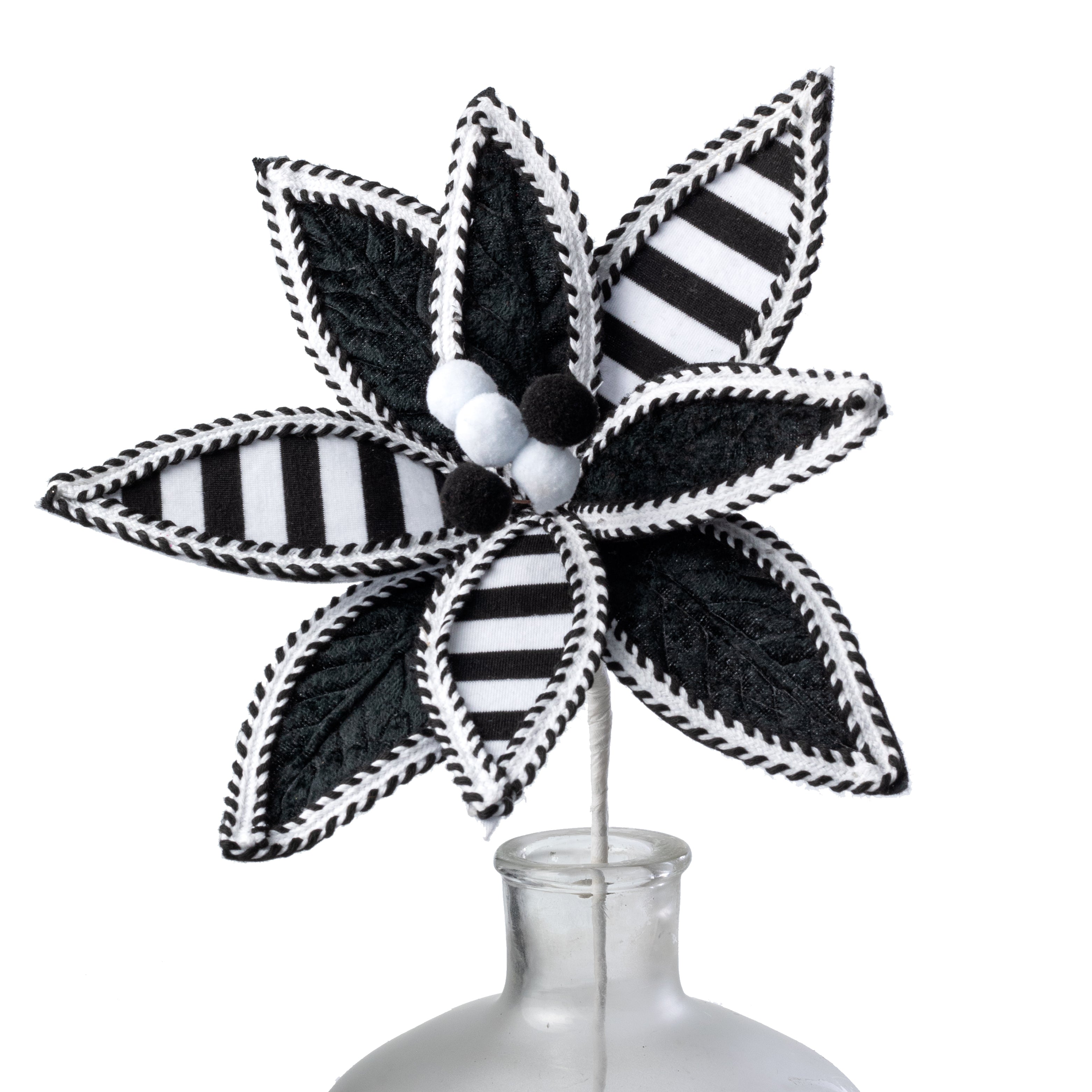 11" x 22" Velvet & Trim Stripe Poinsettia Stem: Black & White
