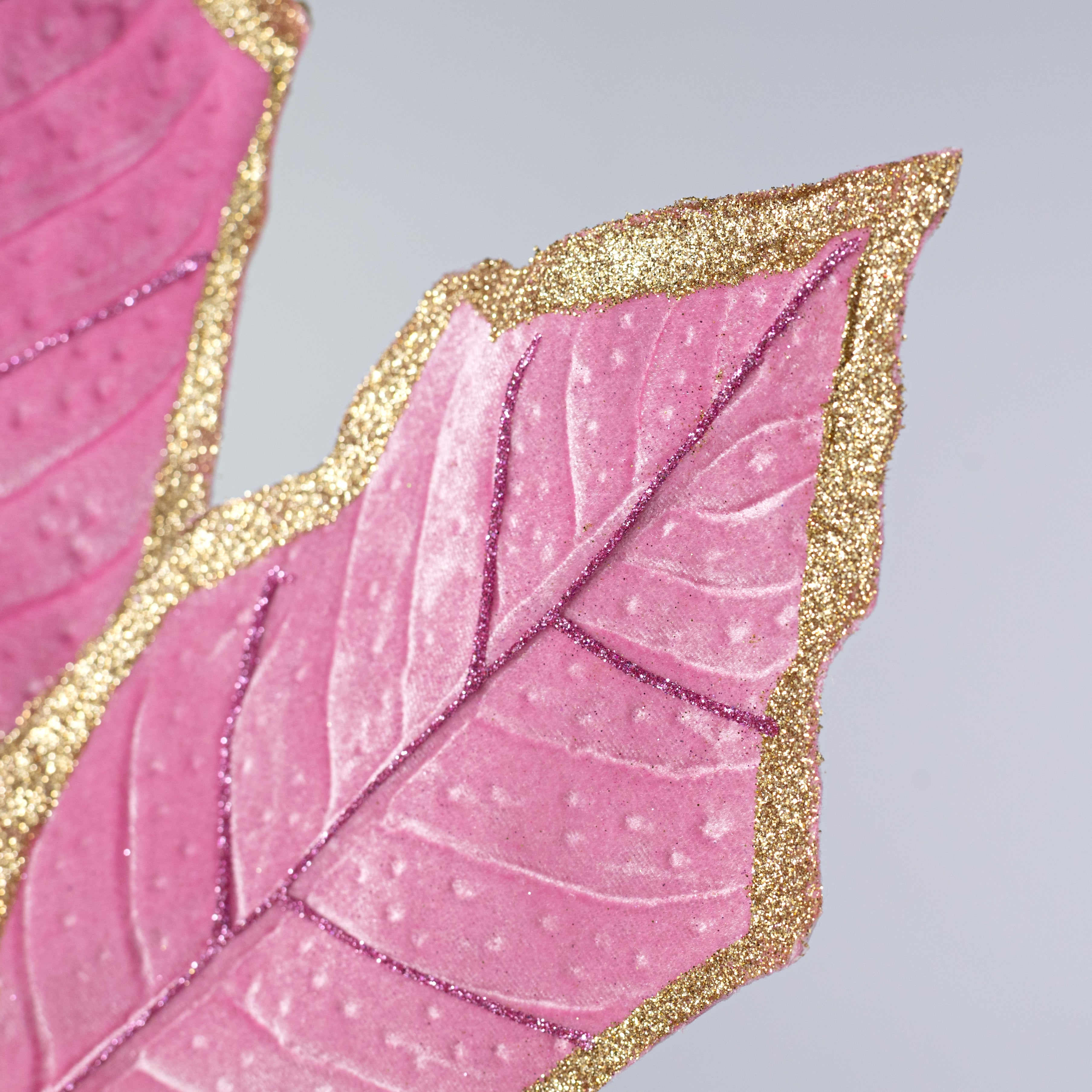 30" Velvet Holly Leaves Spray: Pink & Gold