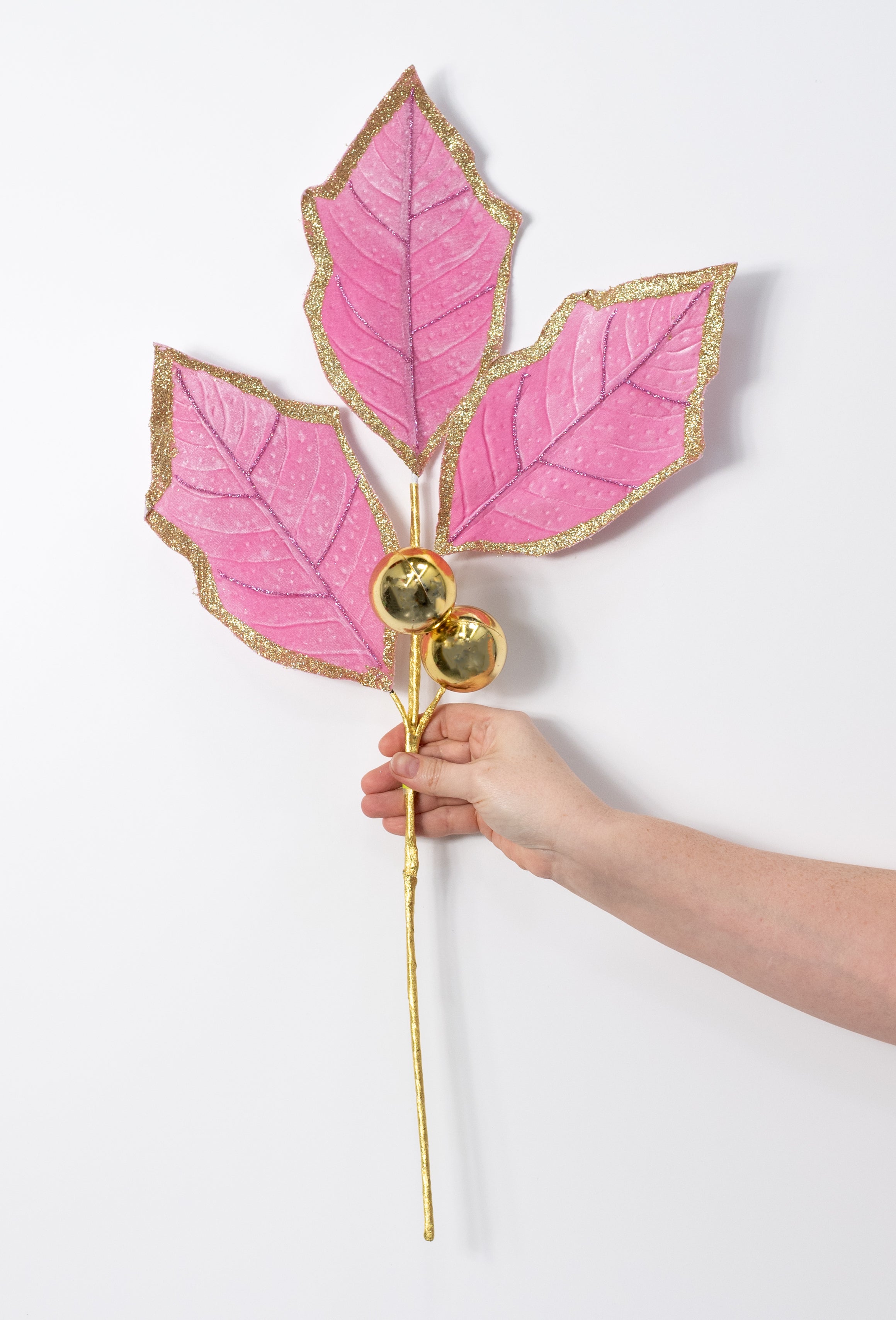 30" Velvet Holly Leaves Spray: Pink & Gold