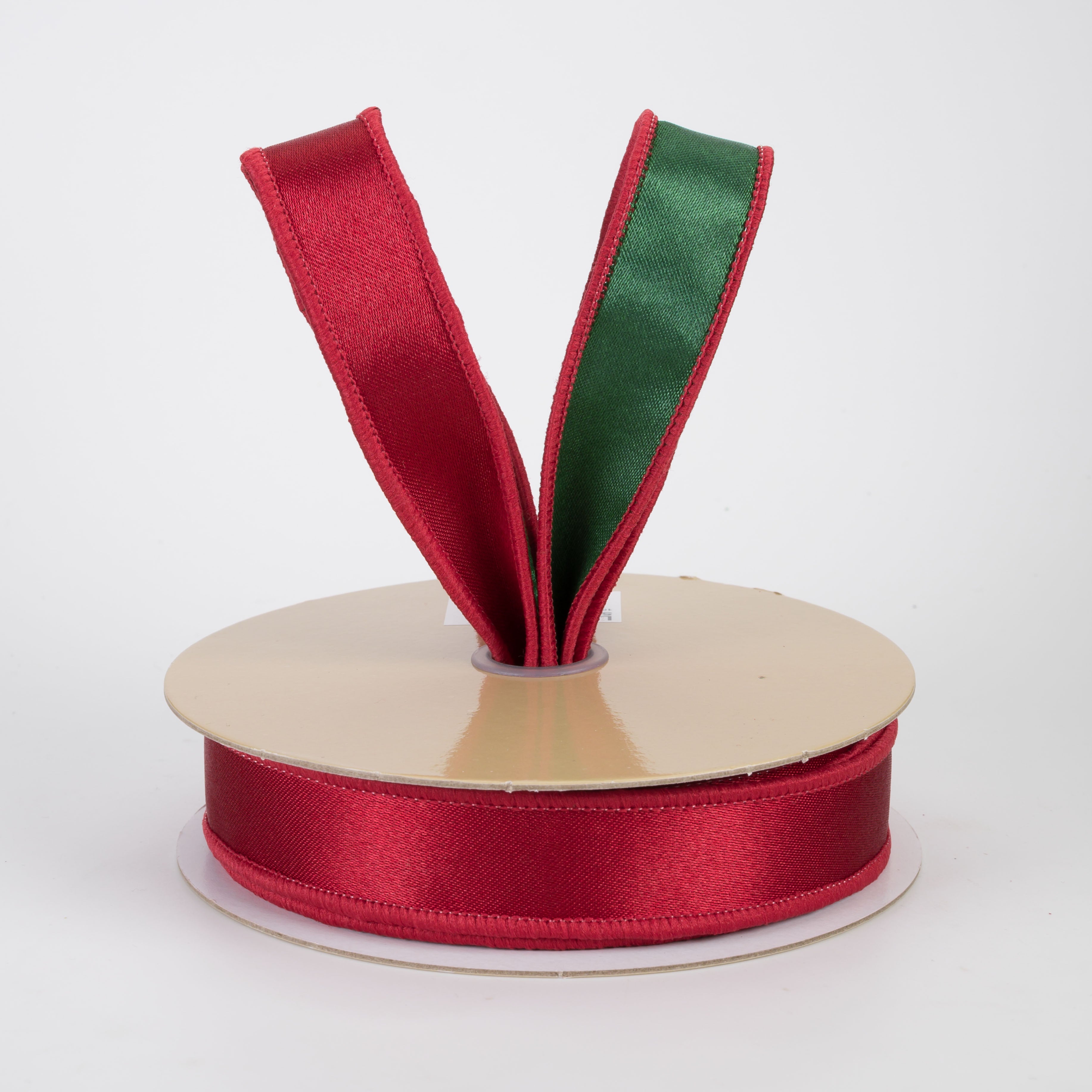 7/8" Double Sided Fused Satin Ribbon: Dark Red & Emerald Green (10 Yards)
