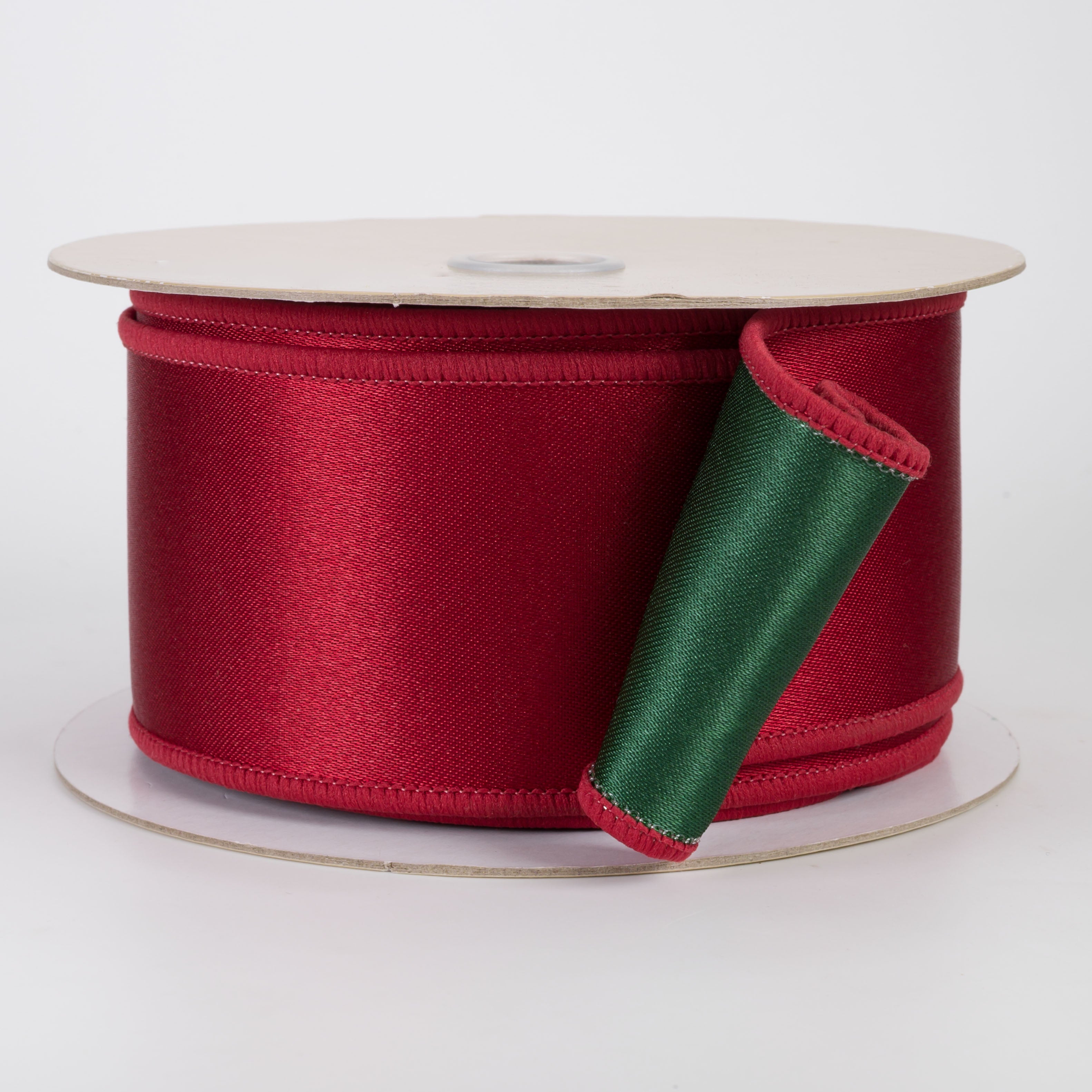 2.5" Double Sided Fused Satin Ribbon: Dark Red & Emerald Green (10 Yards)