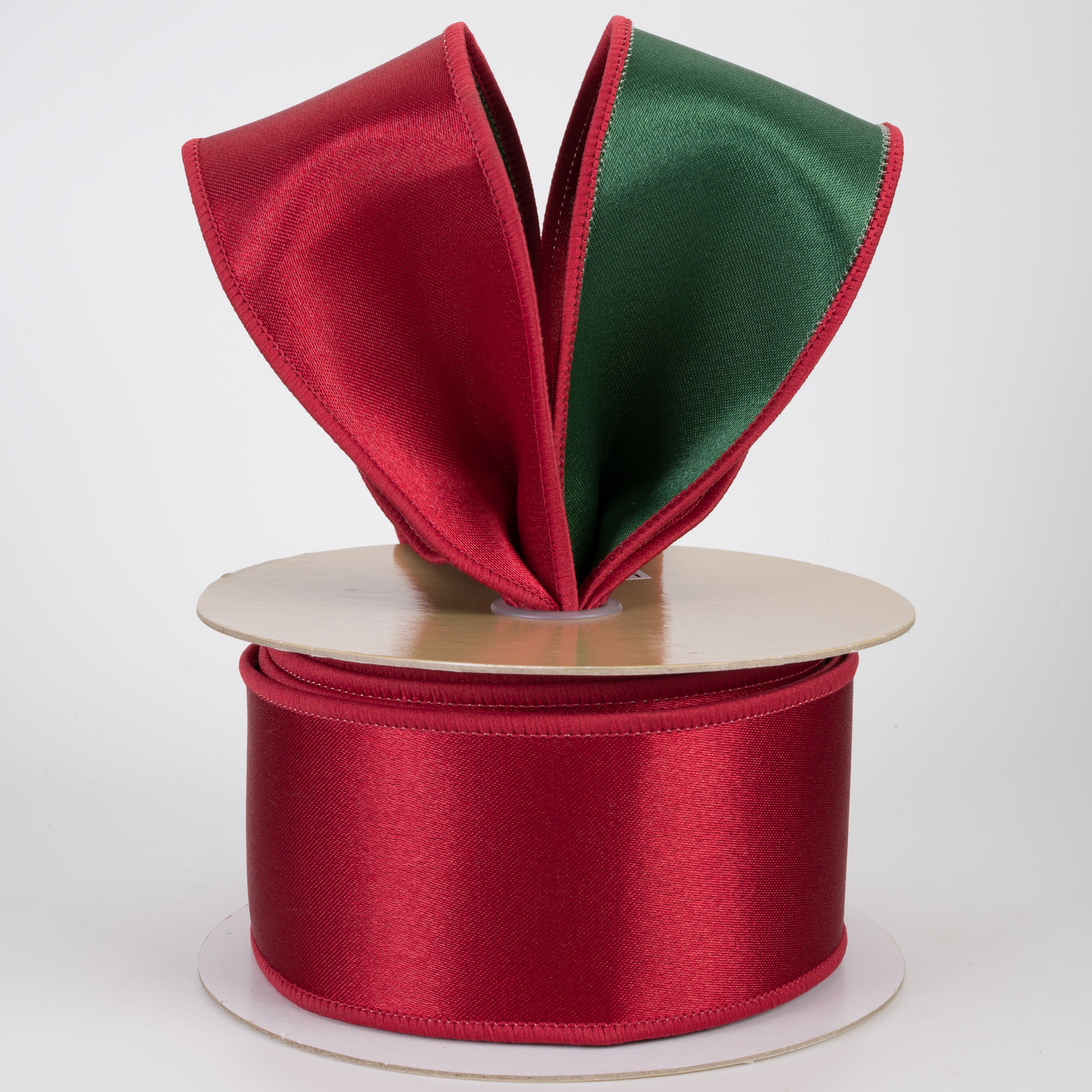 2.5" Double Sided Fused Satin Ribbon: Dark Red & Emerald Green (10 Yards)