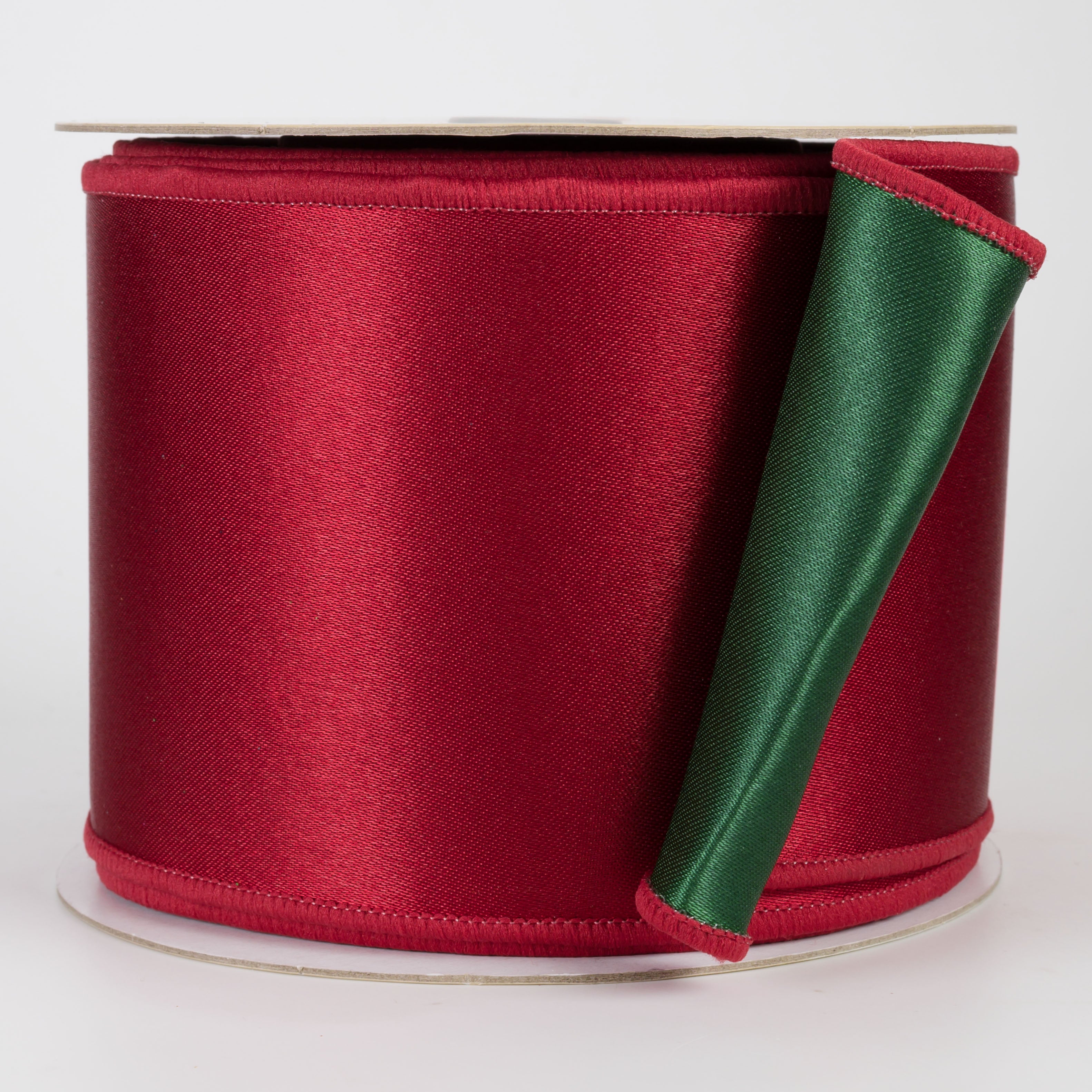 4" Double Sided Fused Satin Ribbon: Dark Red & Emerald Green (10 Yards)