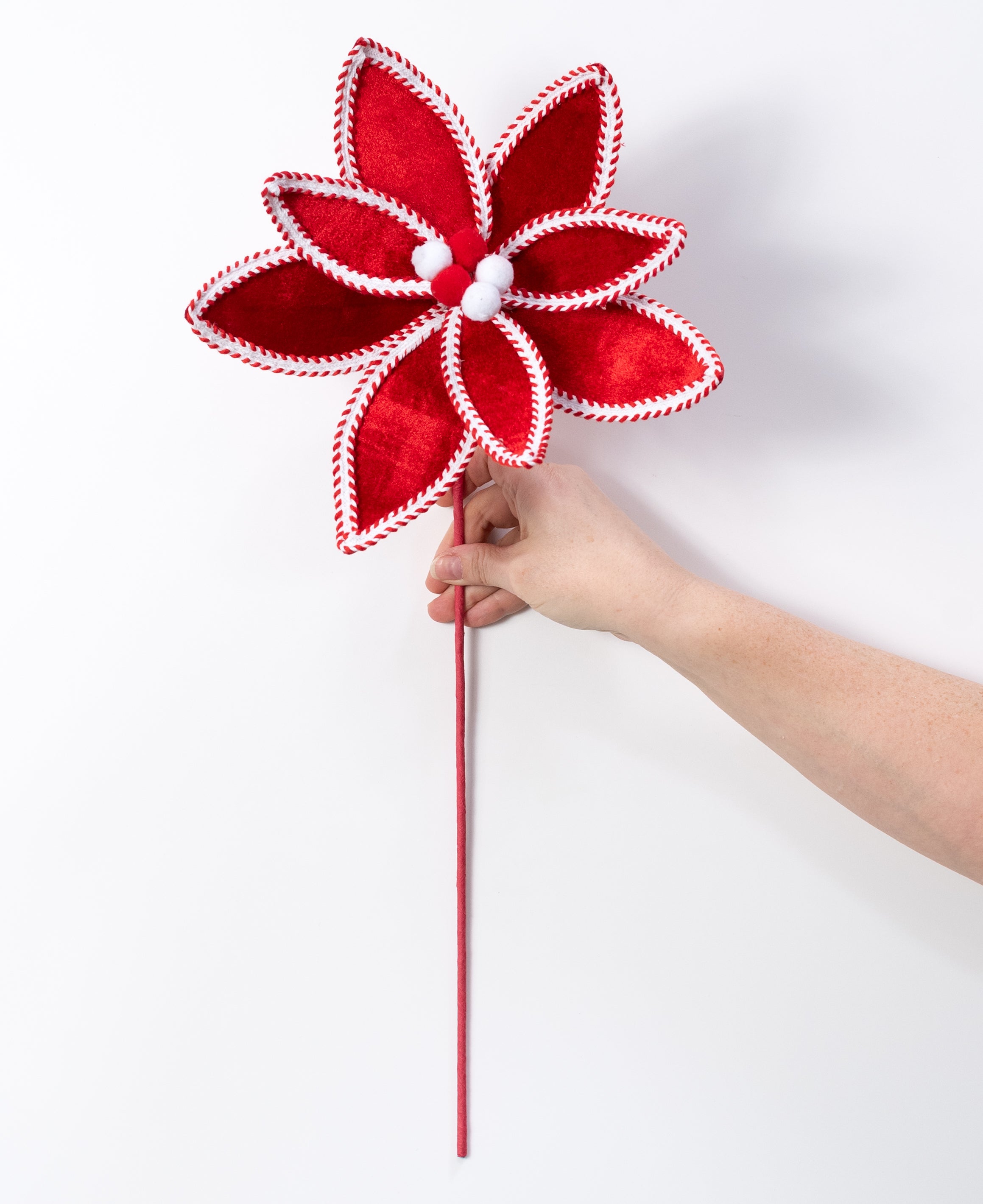 10" x 22" Velvet & Trim Poinsettia Stem: Red & White