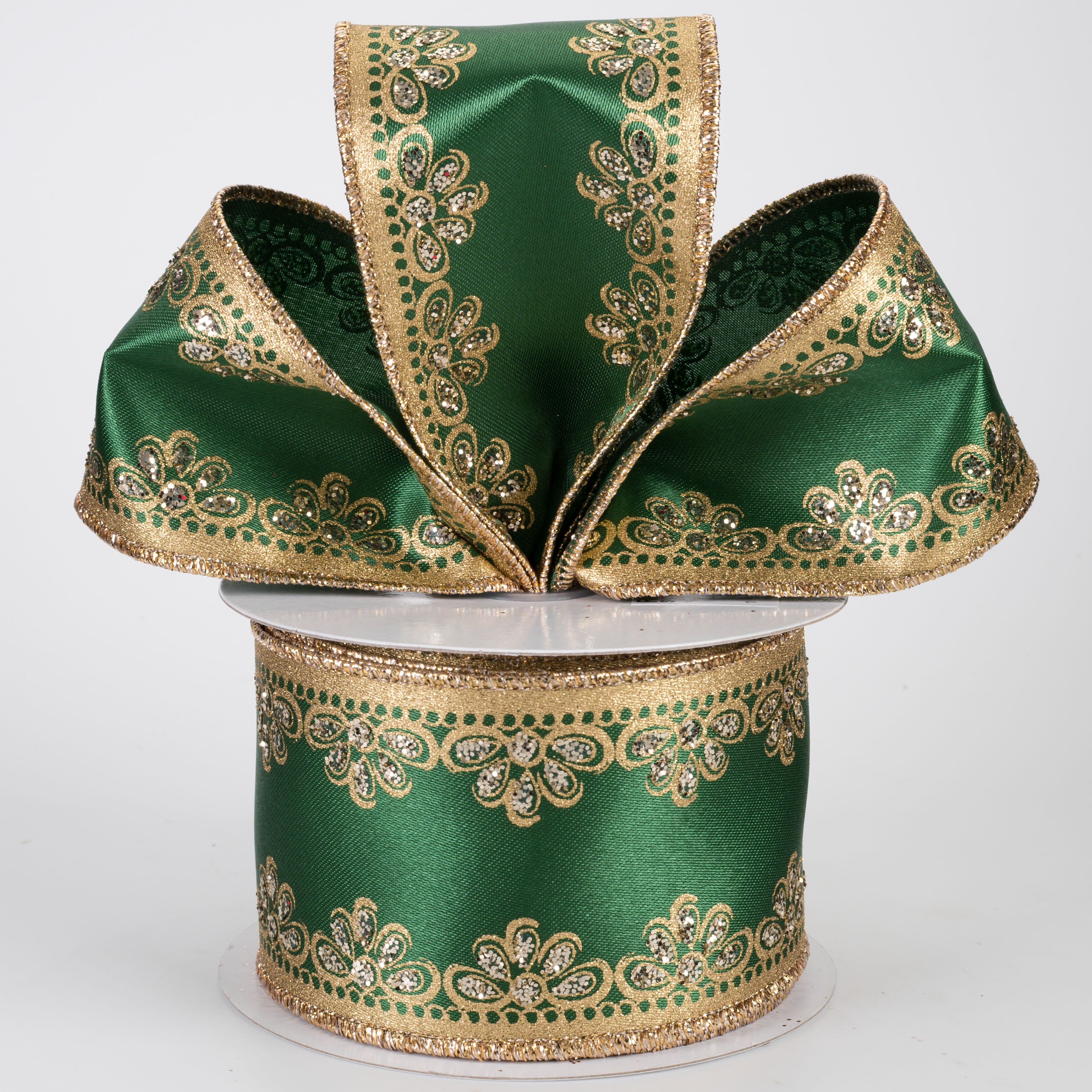2.5" Luxe Scalloped Trim Ribbon: Gold on Emerald (10 Yards)