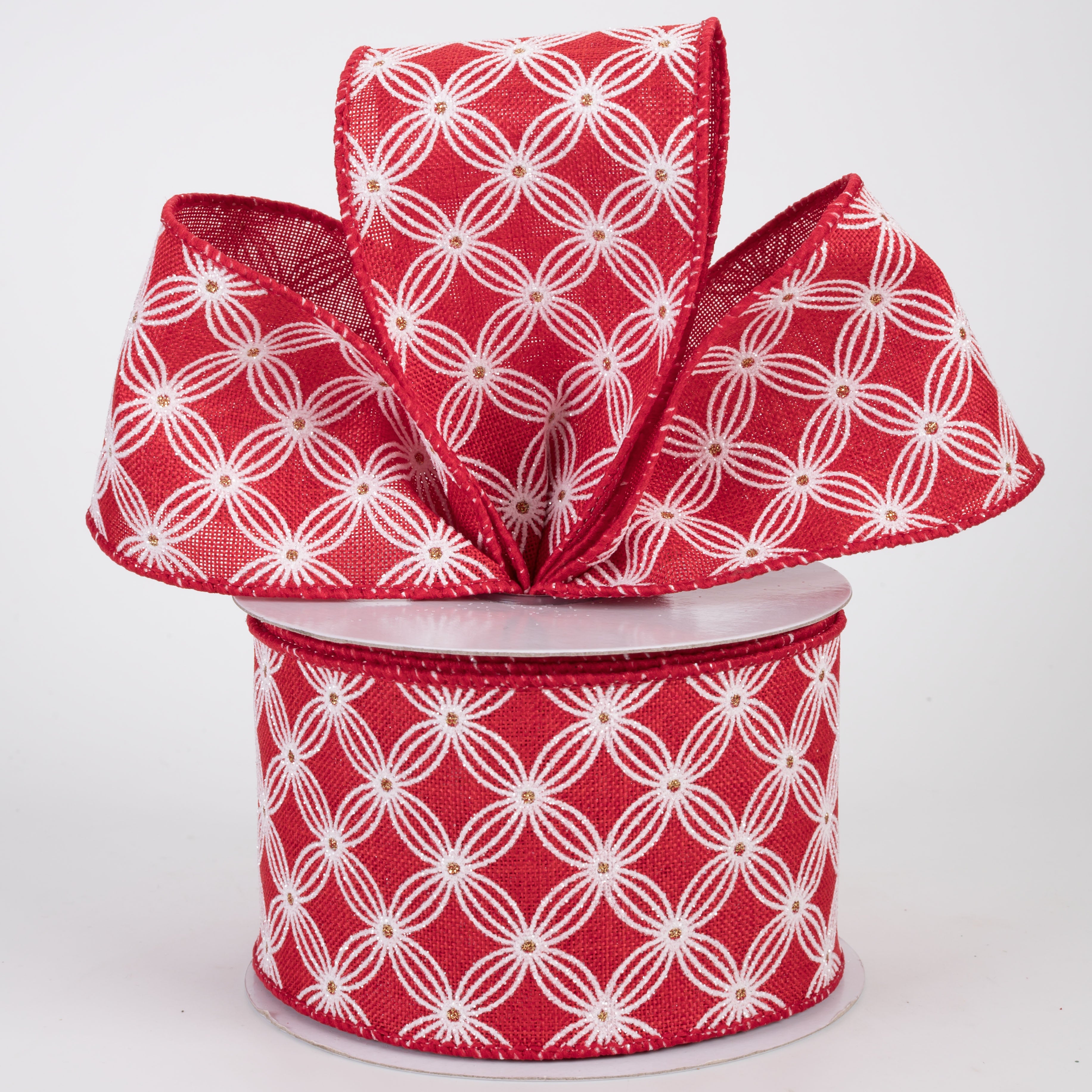 2.5" Quatrefoil Petal Lattice Ribbon: White & Gold on Red (10 Yards)