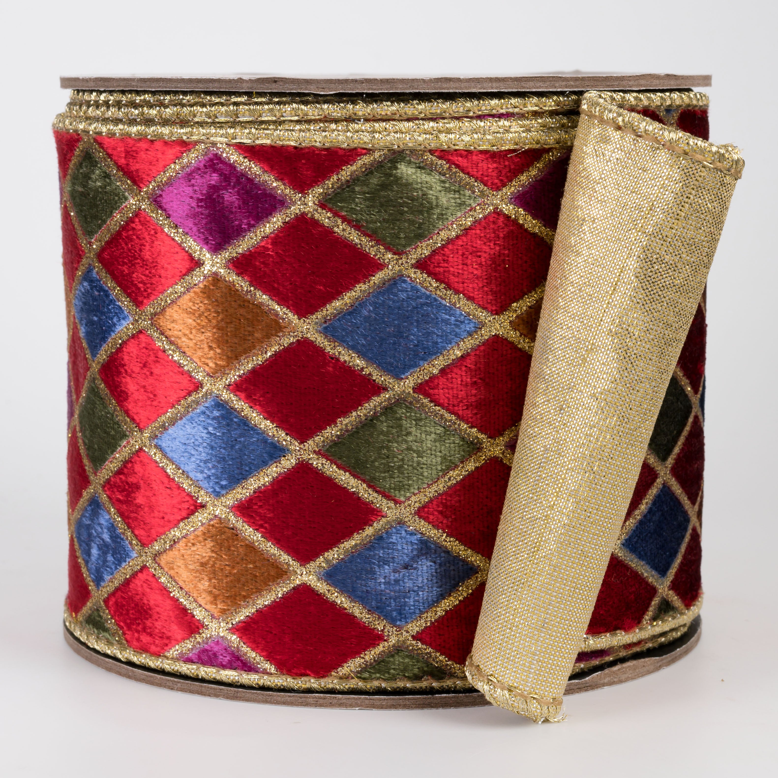 [D Stevens] 4" Velvet Glitter Harlequin Ribbon: Nutcracker Gold (10 Yards)