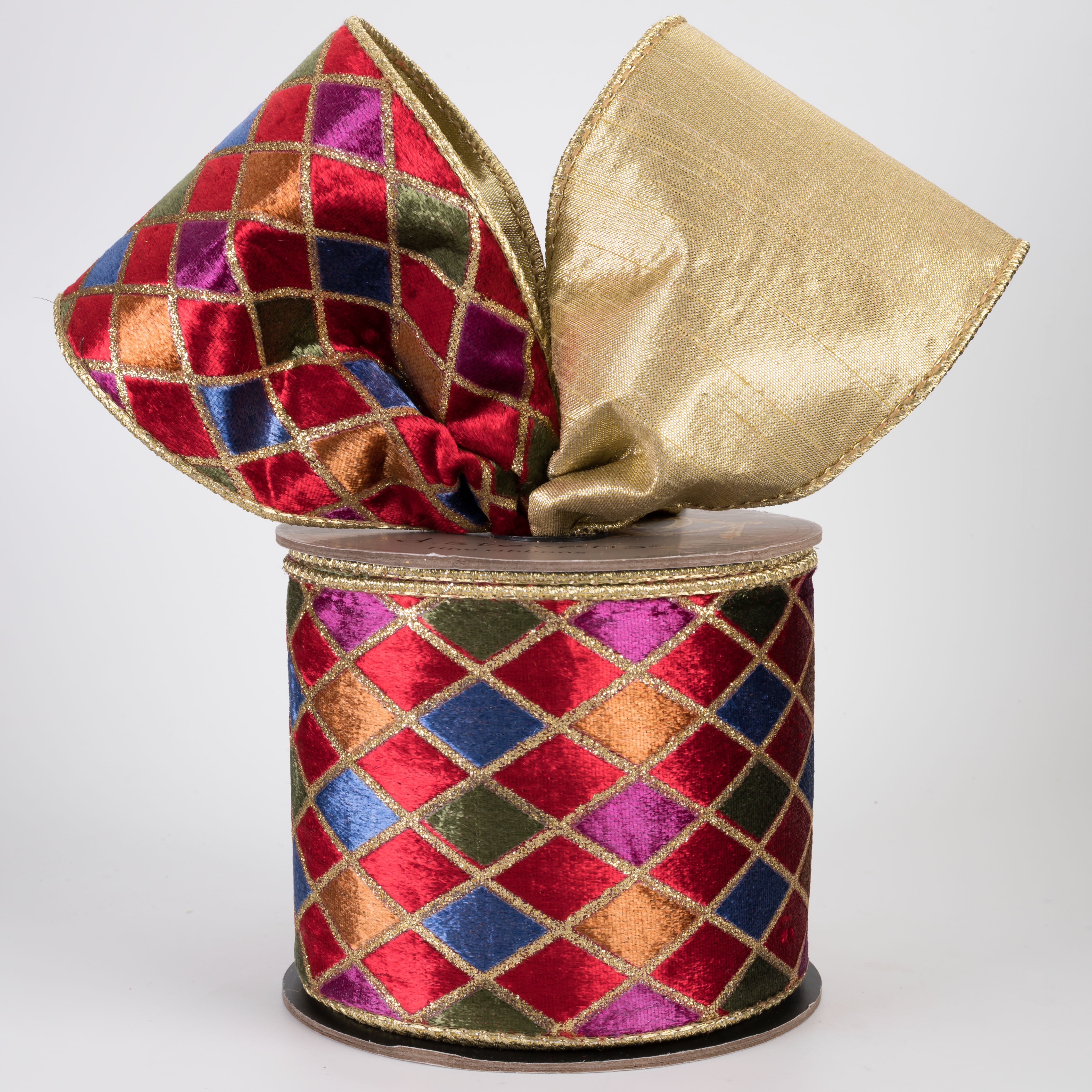 [D Stevens] 4" Velvet Glitter Harlequin Ribbon: Nutcracker Gold (10 Yards)