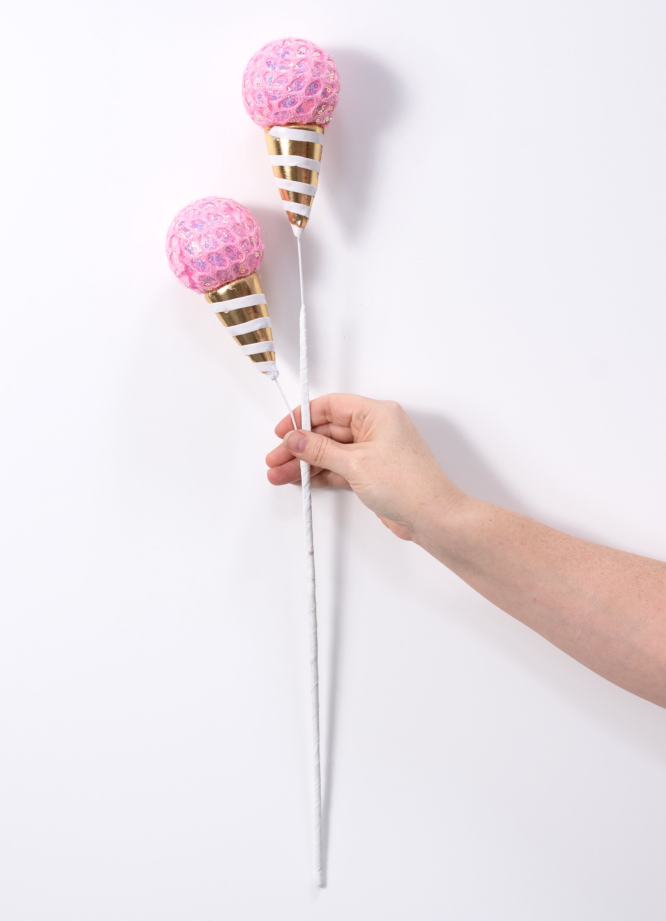 24" Mesh Sequin Ice Cream Cone Spray: Pink & Gold