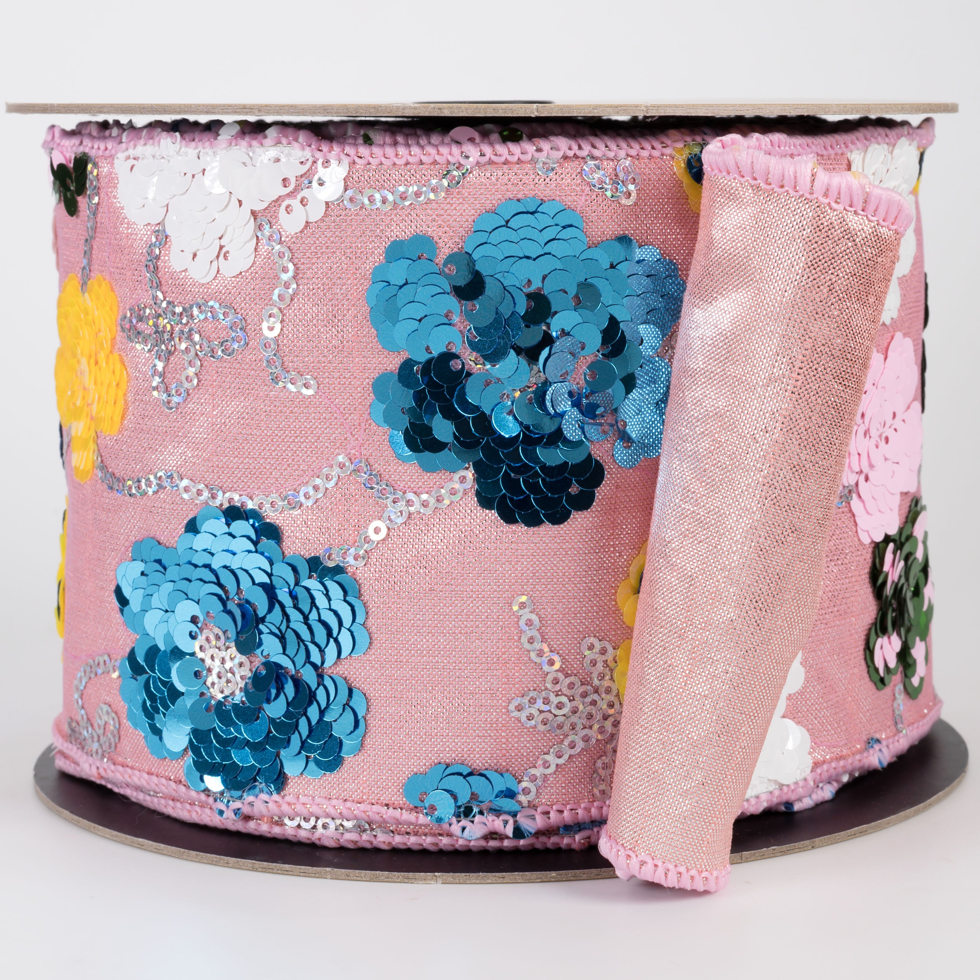 [D Stevens] 4" Sequin Floral Ribbon: Multicolor Pink (10 Yards)