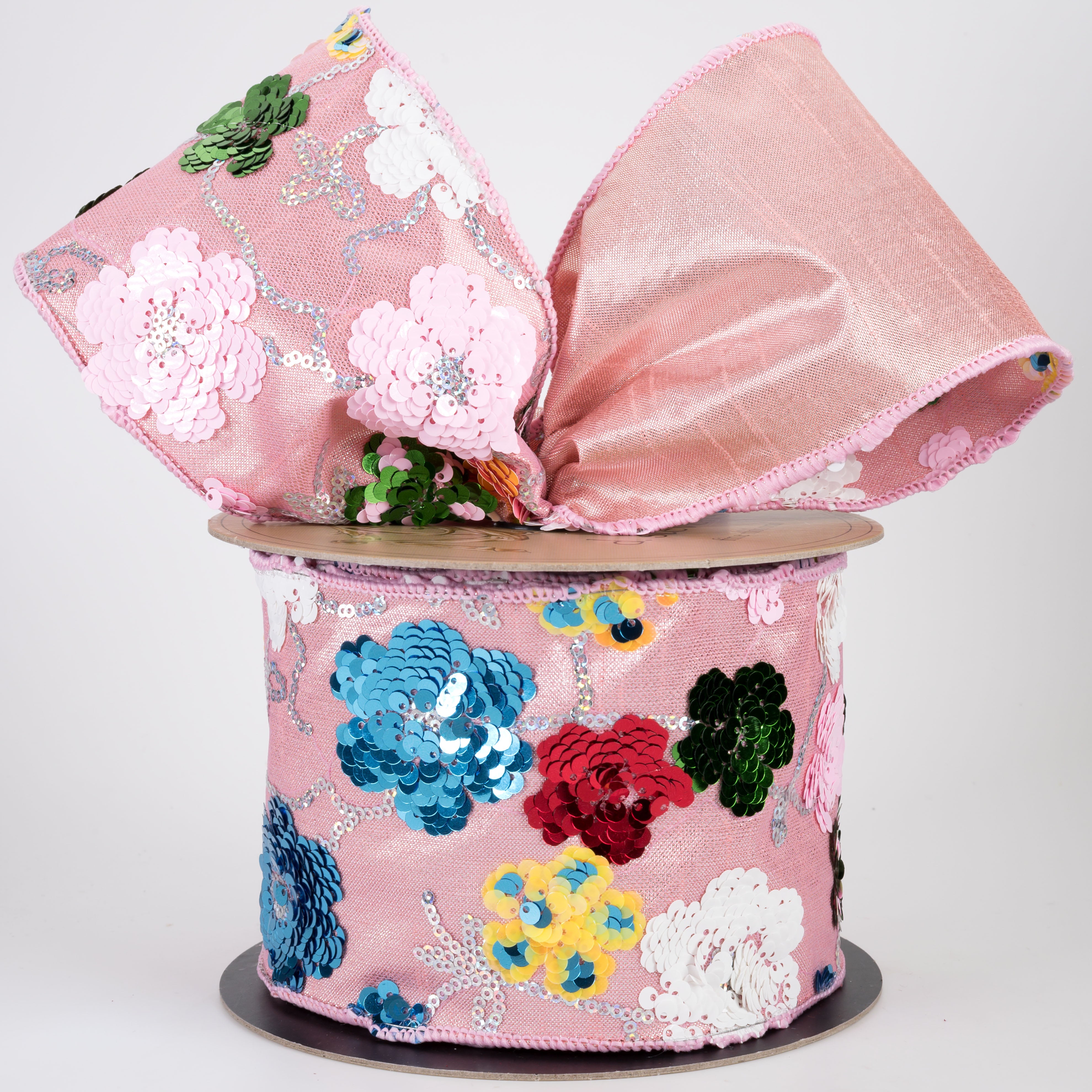 [D Stevens] 4" Sequin Floral Ribbon: Multicolor Pink (10 Yards)