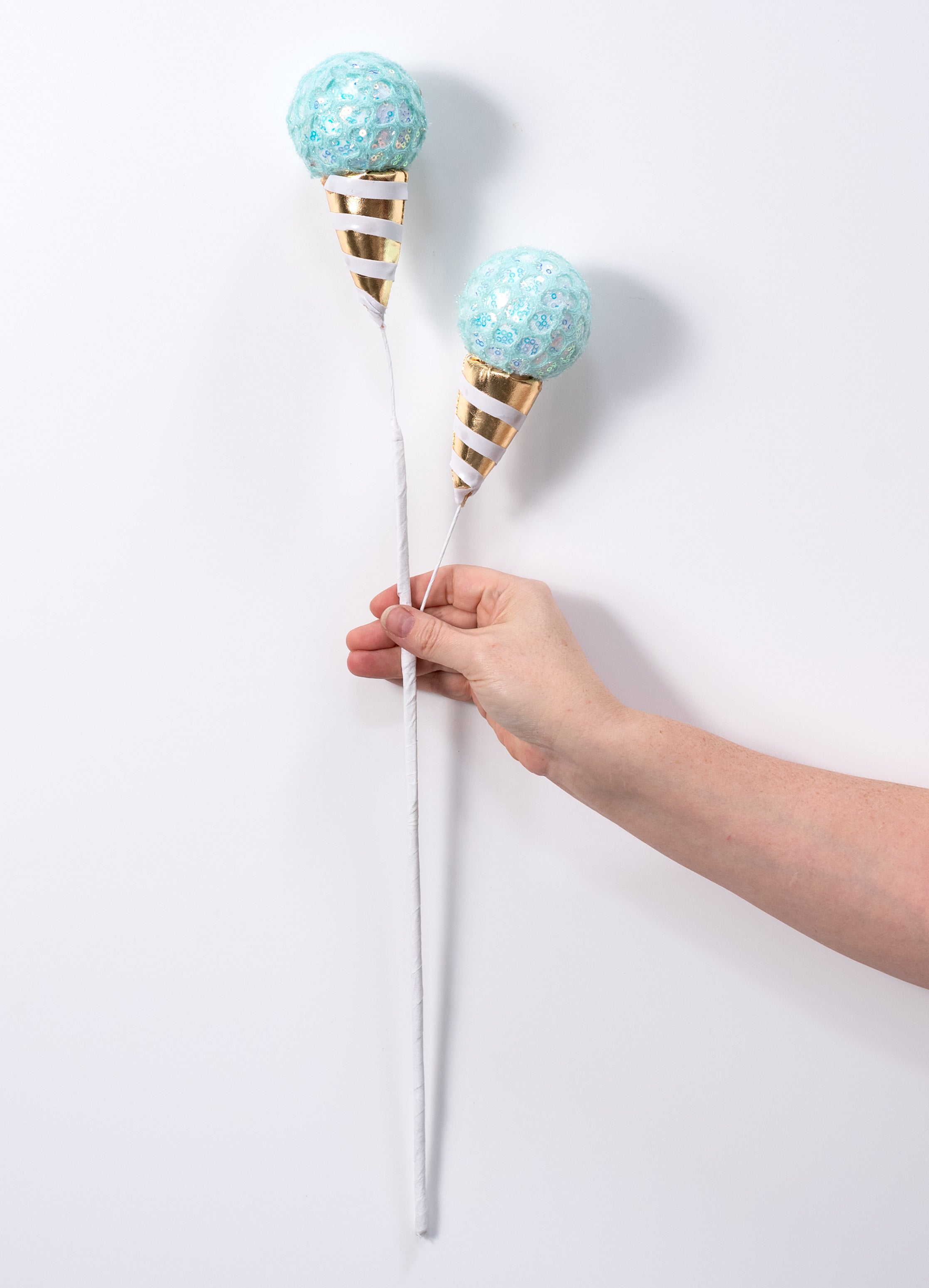 24" Mesh Sequin Ice Cream Cone Spray: Mint Blue & Gold