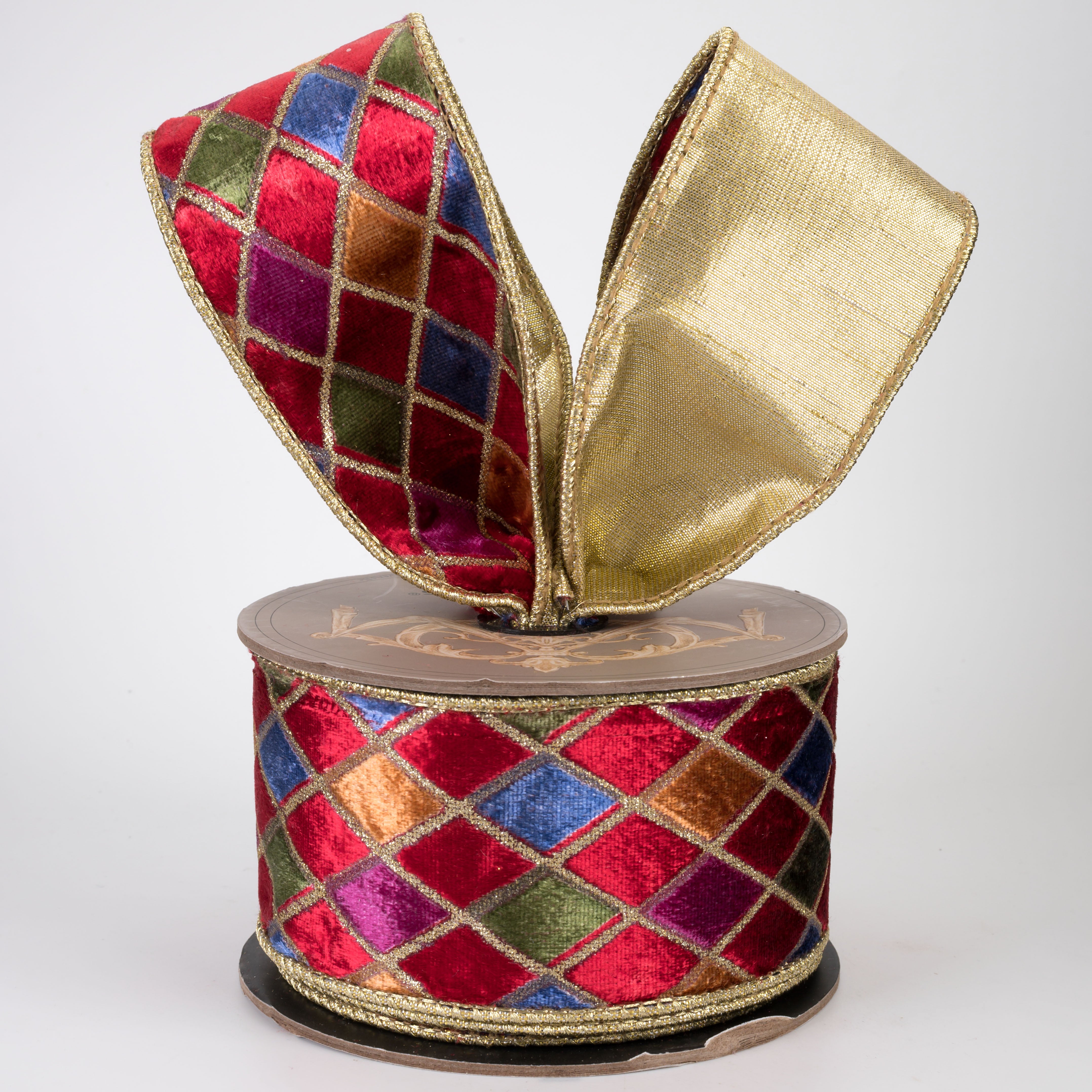 [D Stevens] 2.5" Velvet Glitter Harlequin Ribbon: Nutcracker Gold (10 Yards)