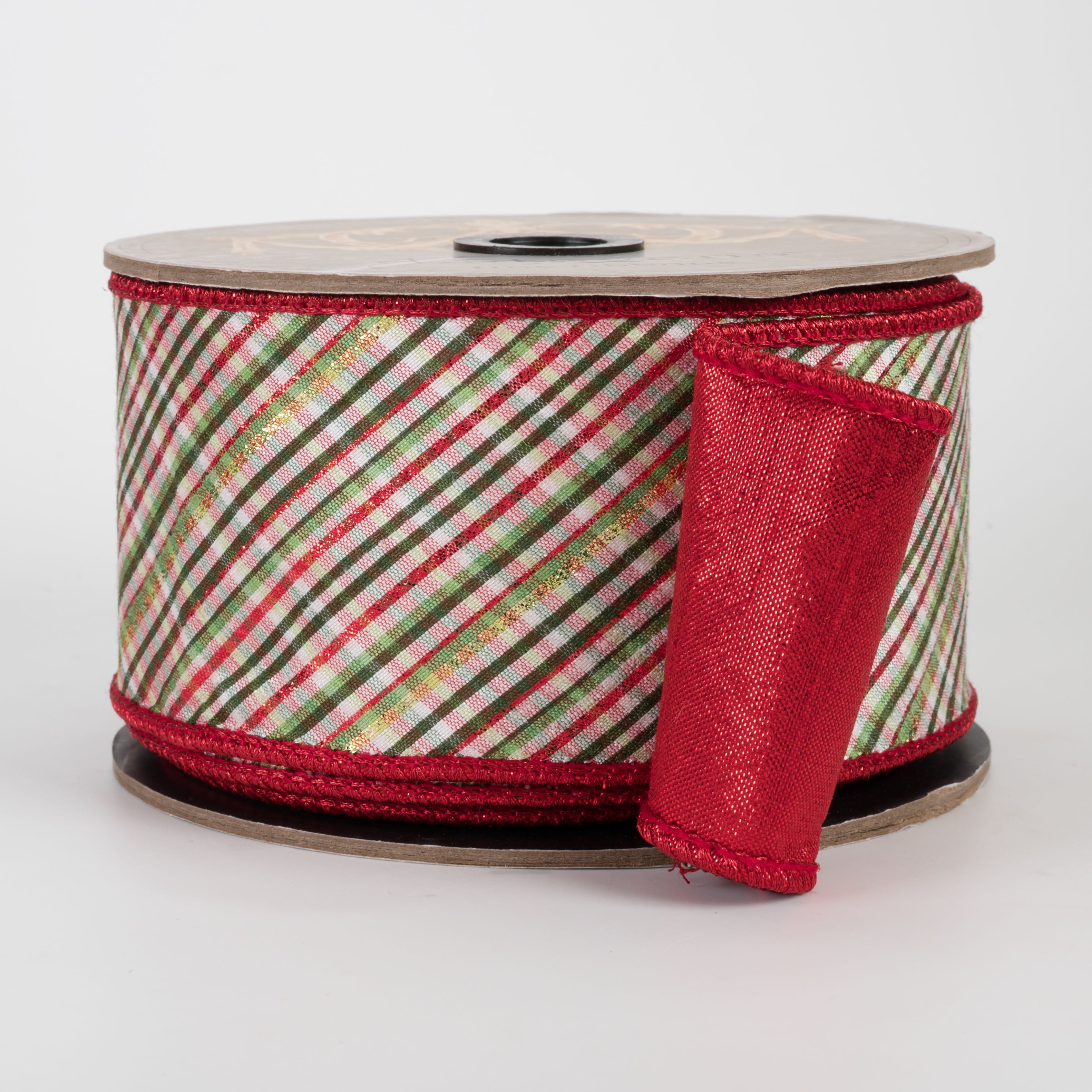 [D Stevens] 2.5" Dupioni Glitter Diagonal Archer Plaid Ribbon: Red, Green & White (10 Yards)