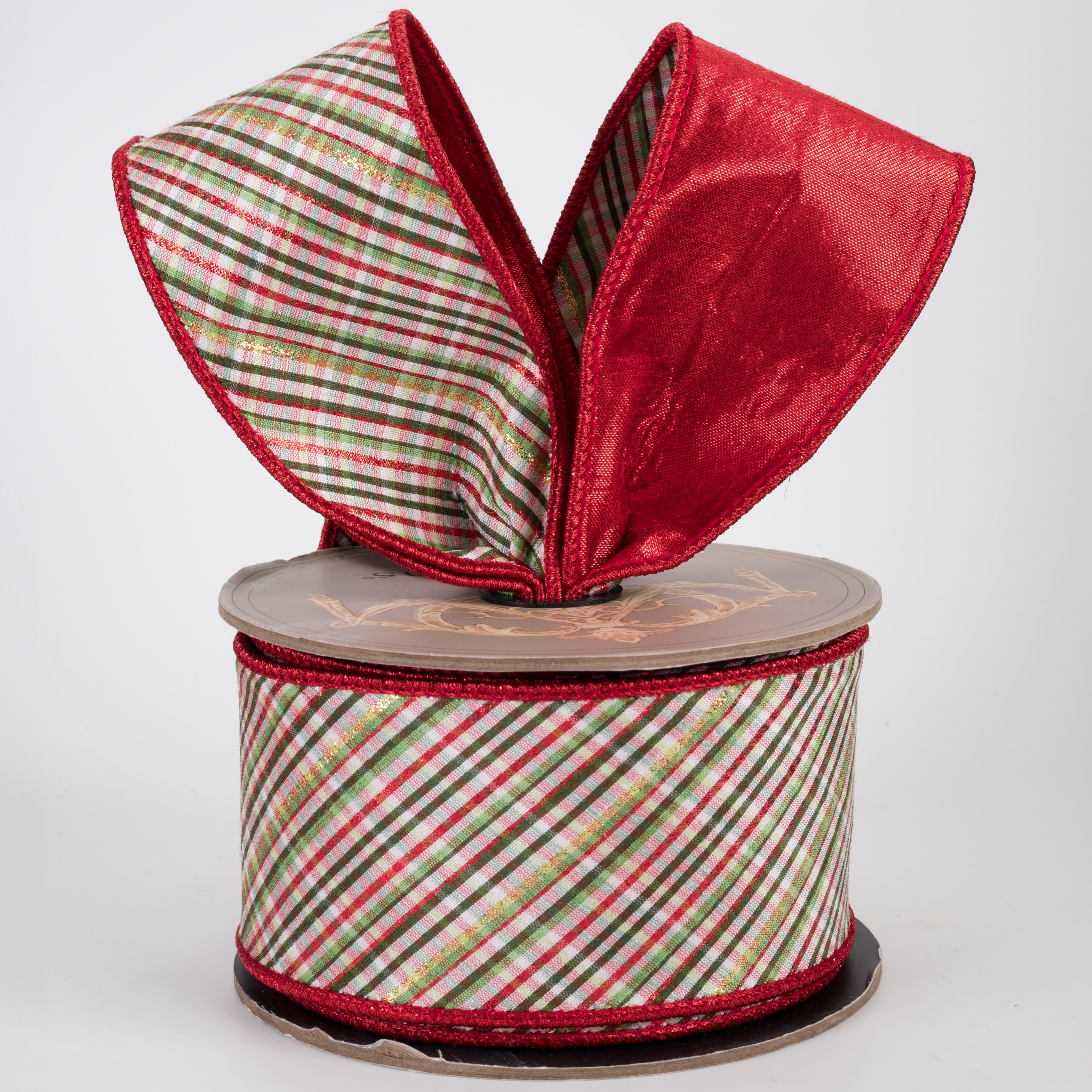 [D Stevens] 2.5" Dupioni Glitter Diagonal Archer Plaid Ribbon: Red, Green & White (10 Yards)