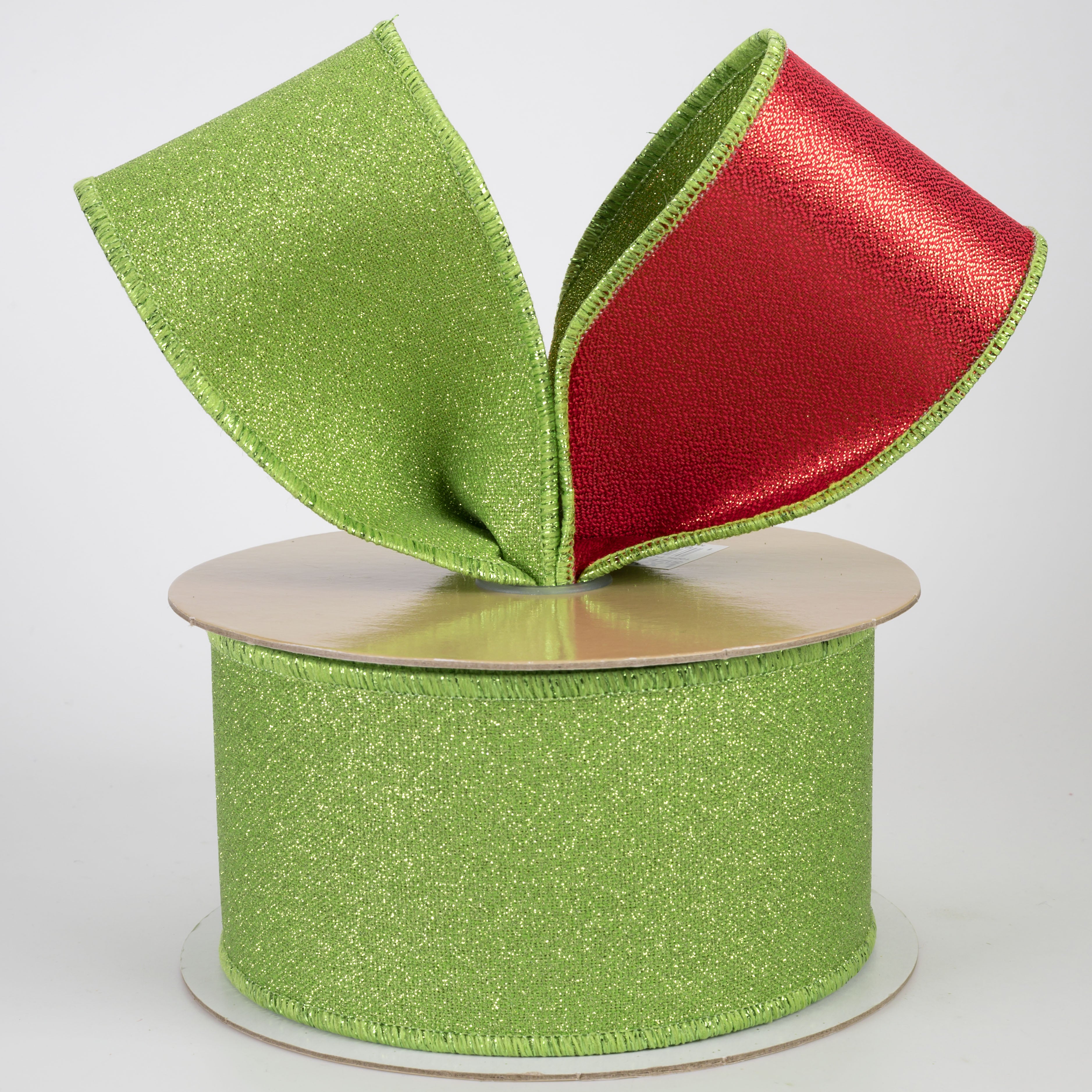 2.5" Double Sided Fused Fine Glitter Ribbon: Fresh Green & Red (10 Yards)
